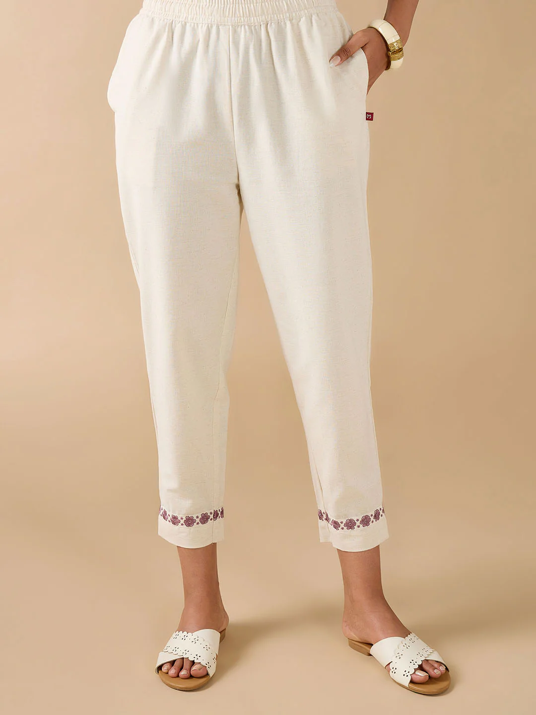 Onion Pink Cotton Linen Plain Kurti With Embroidery And Matching Bottom - Image 6