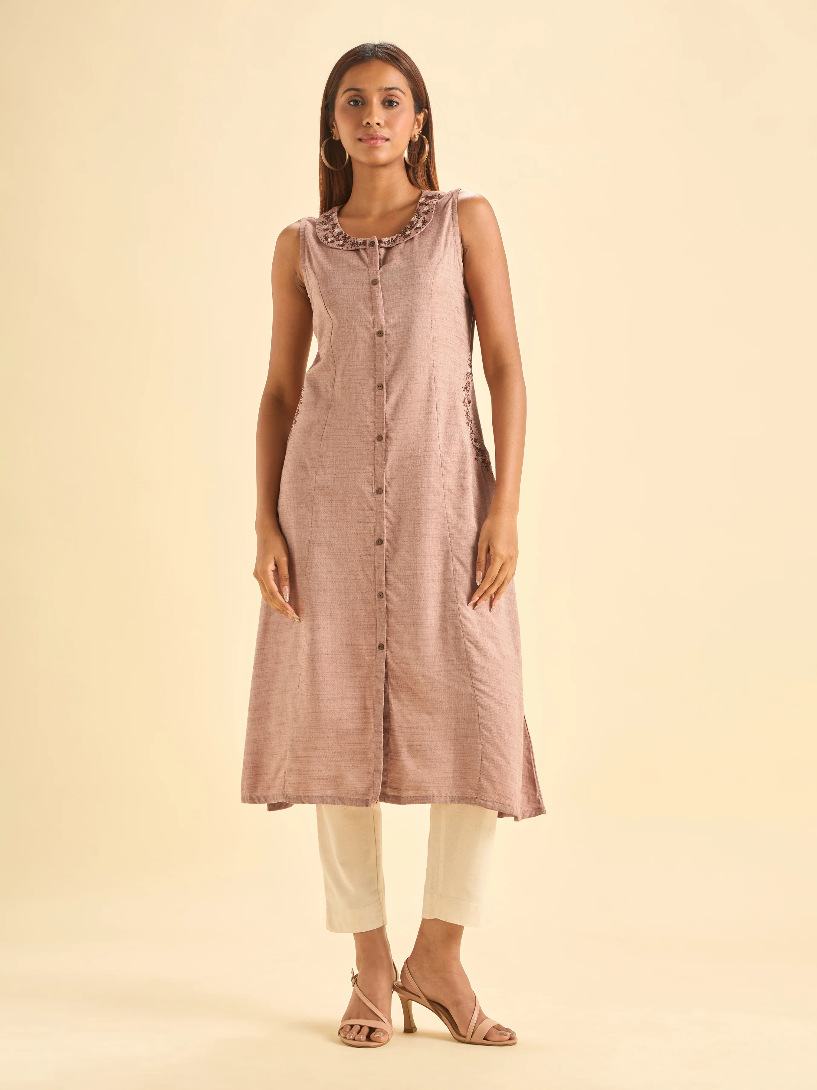 Onion Pink Cotton Viscose Kurti With Embroidery