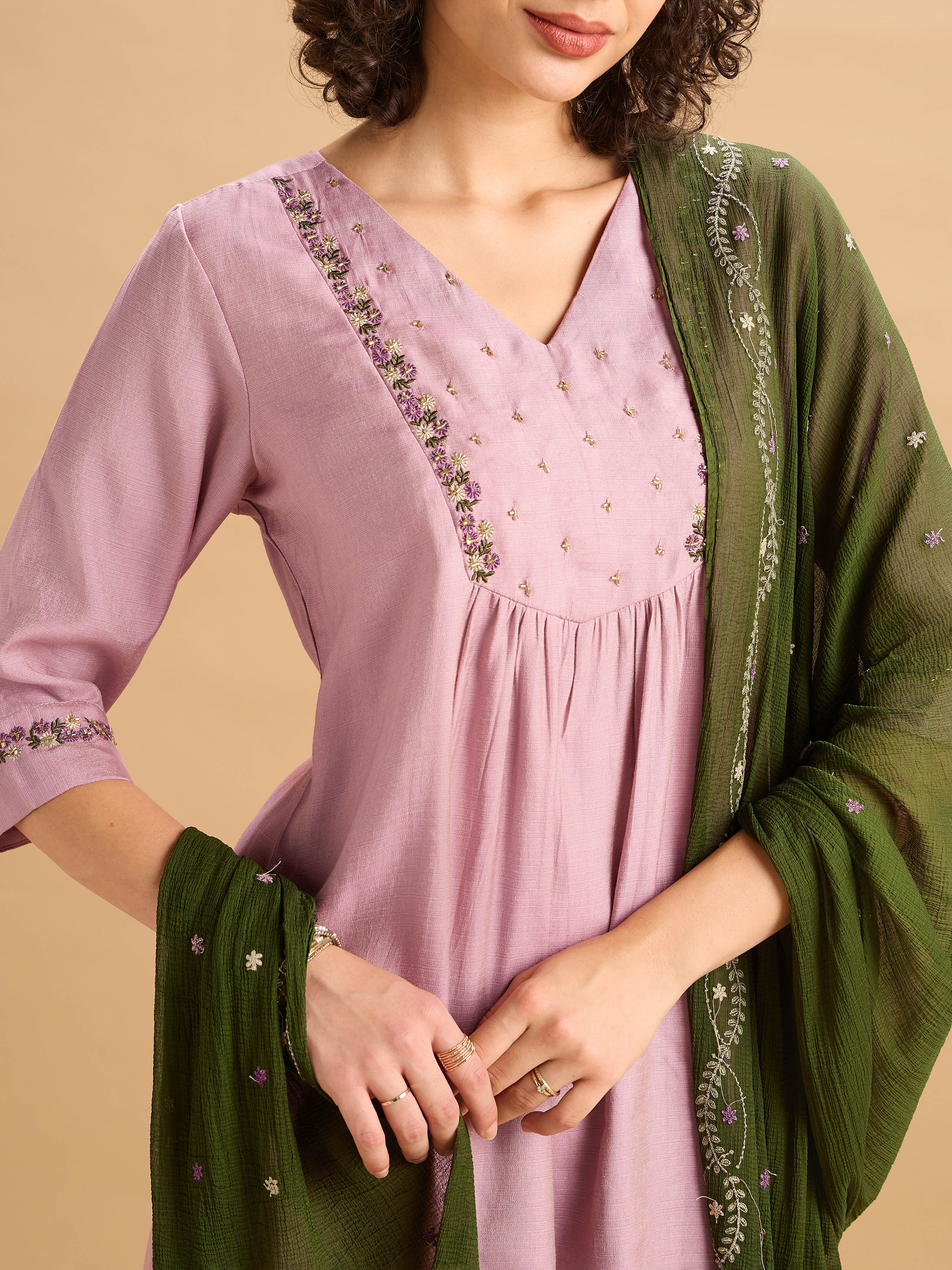 Onion Pink Viscose Blend Kurti Set With Dupatta And Hand Work Embroidery - Image 2