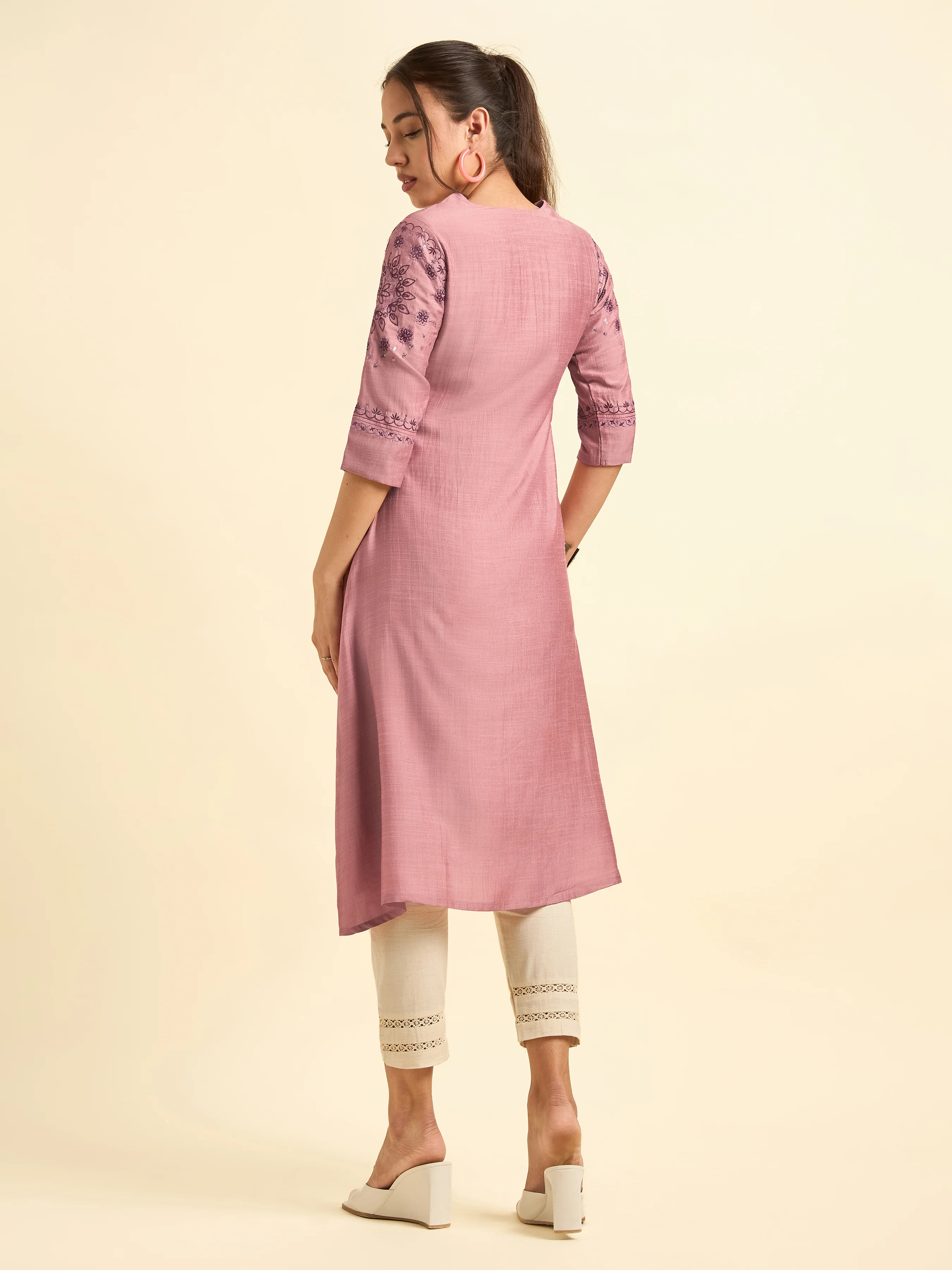 Onion Pink Viscose Blend Plain Flared Kurti With Embroidery And Sequins Work - Image 5