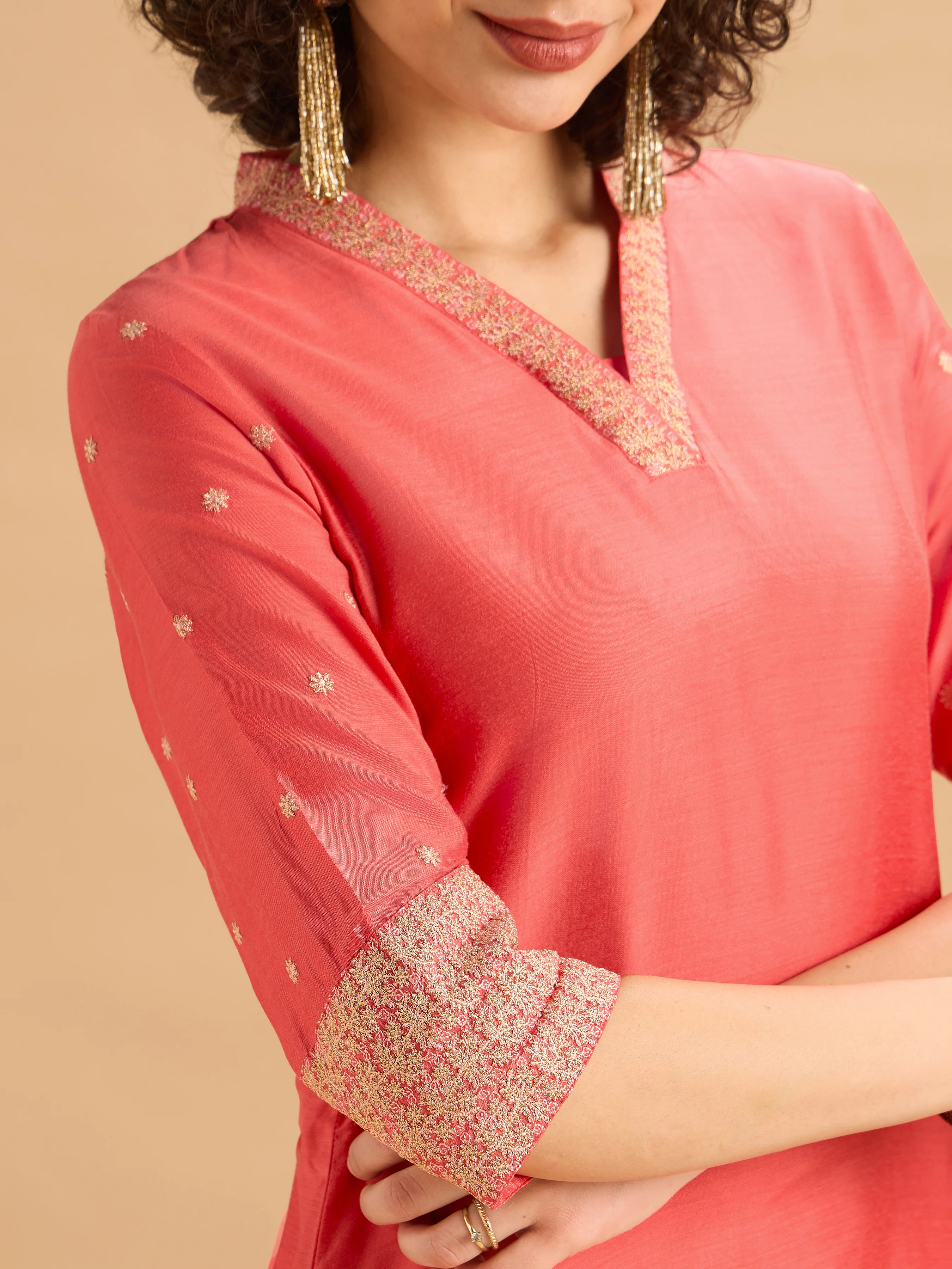 Orange Viscose Blend Plain Kurti Set With Embroidery - Image 2