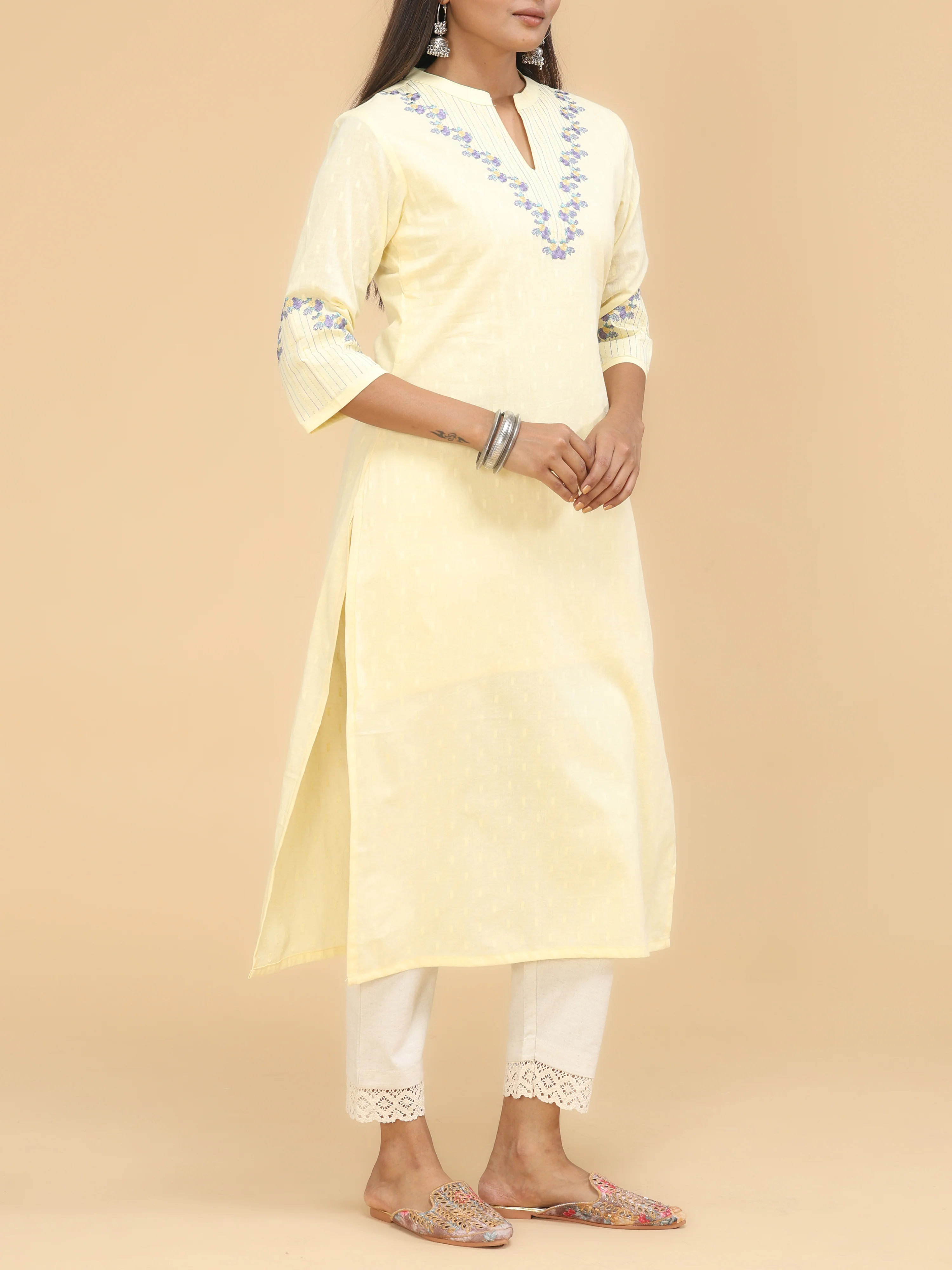 Pale Yellow Cotton Plain Kurti With Embroidery - Image 5