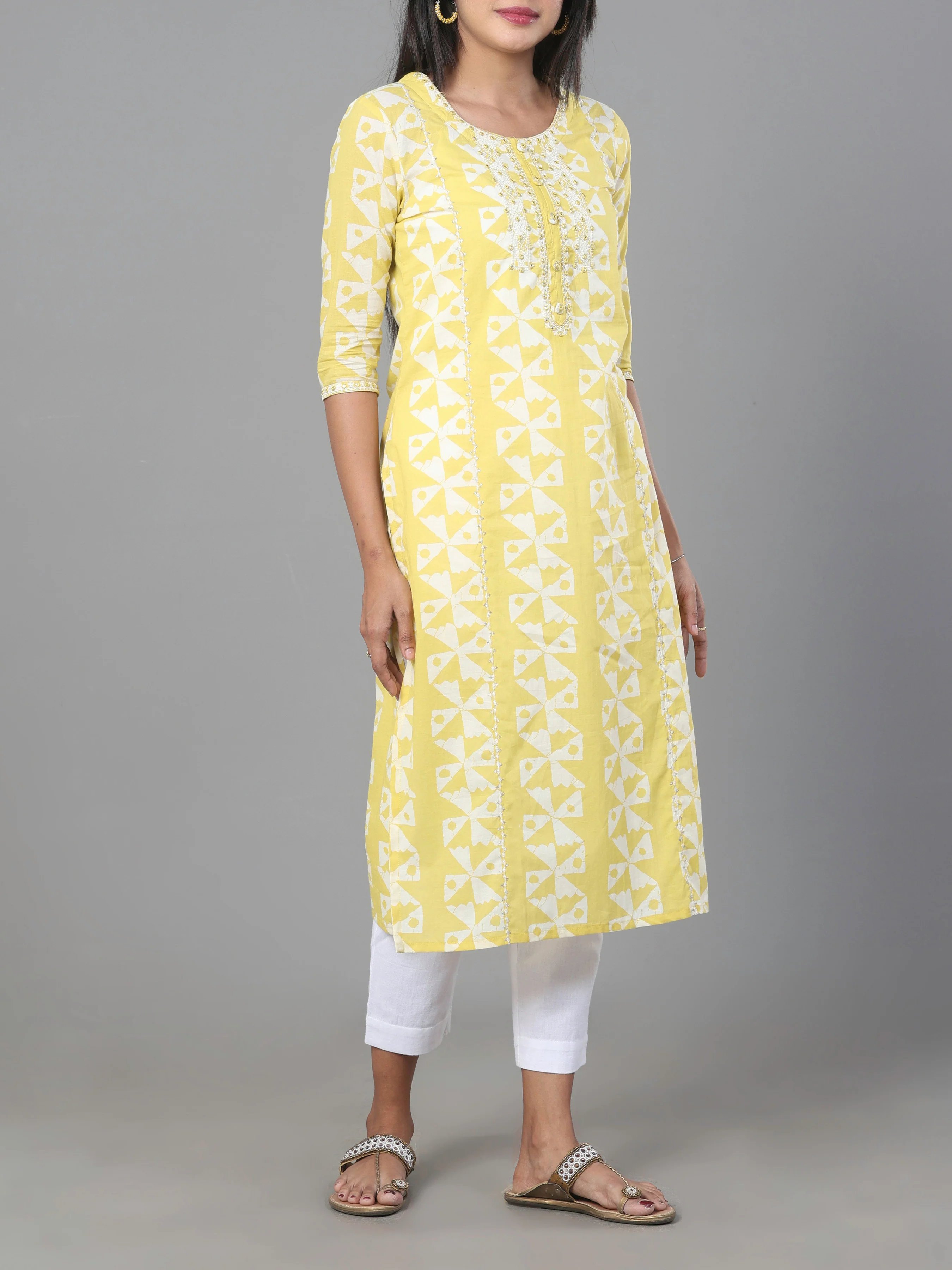 Pale Yellow Pure Cotton Kurti With Embroidery - Image 3