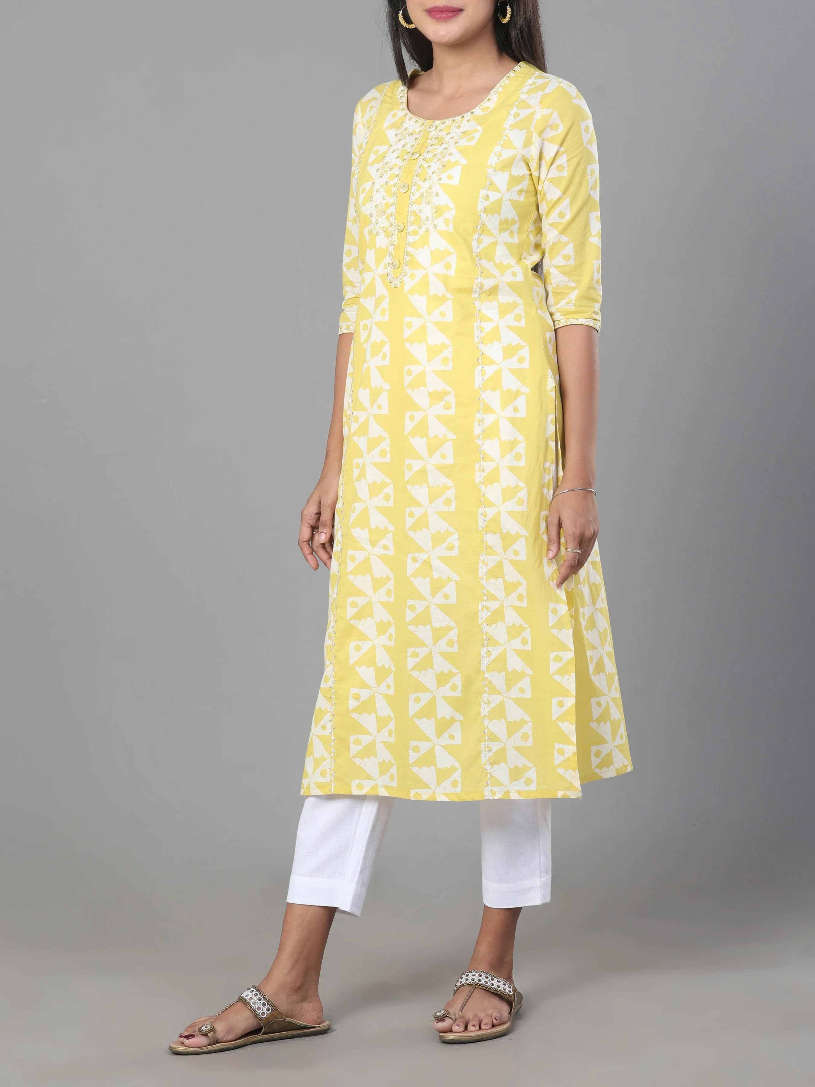 Pale Yellow Pure Cotton Kurti With Embroidery - Image 4