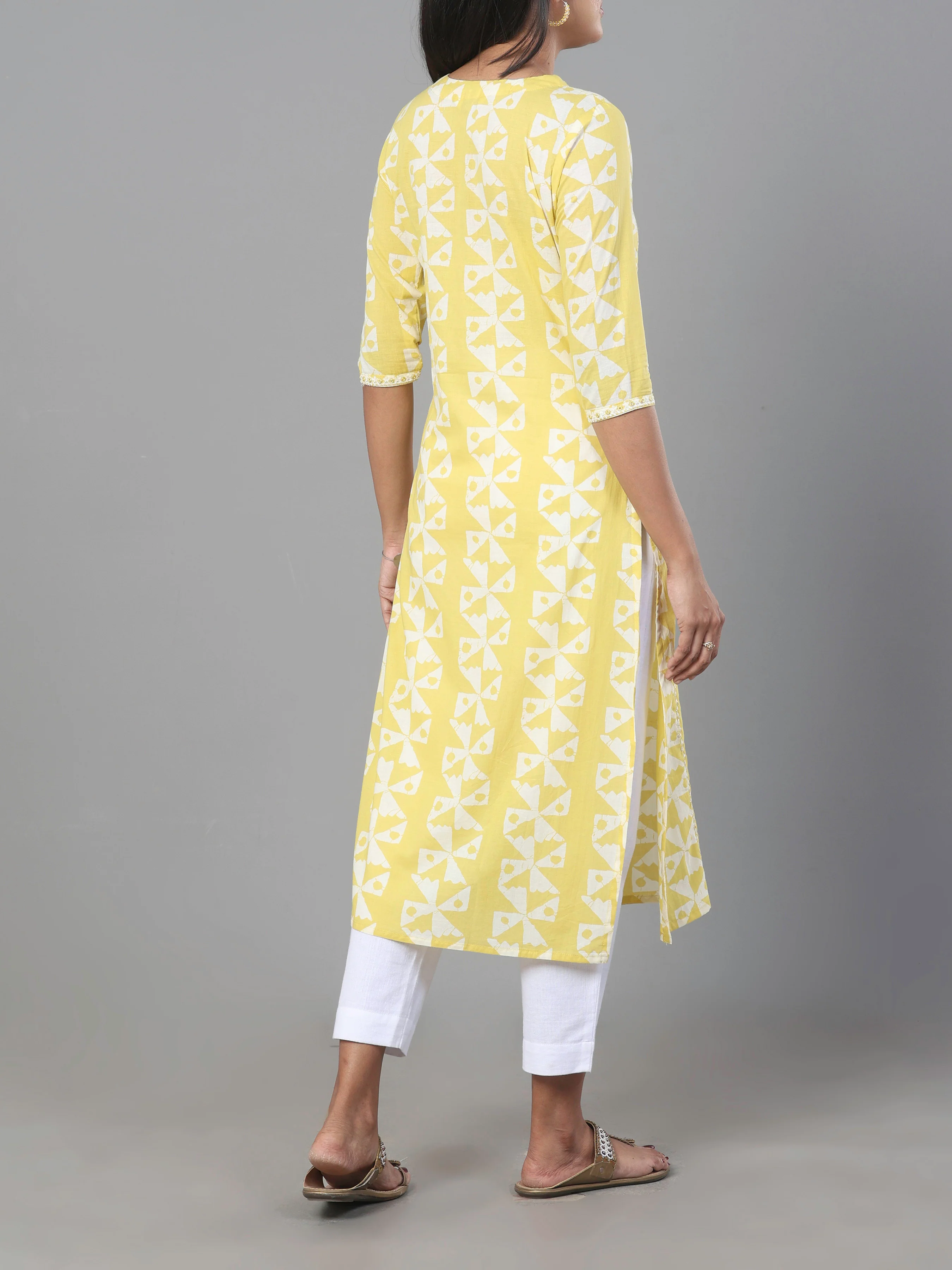 Pale Yellow Pure Cotton Kurti With Embroidery - Image 5