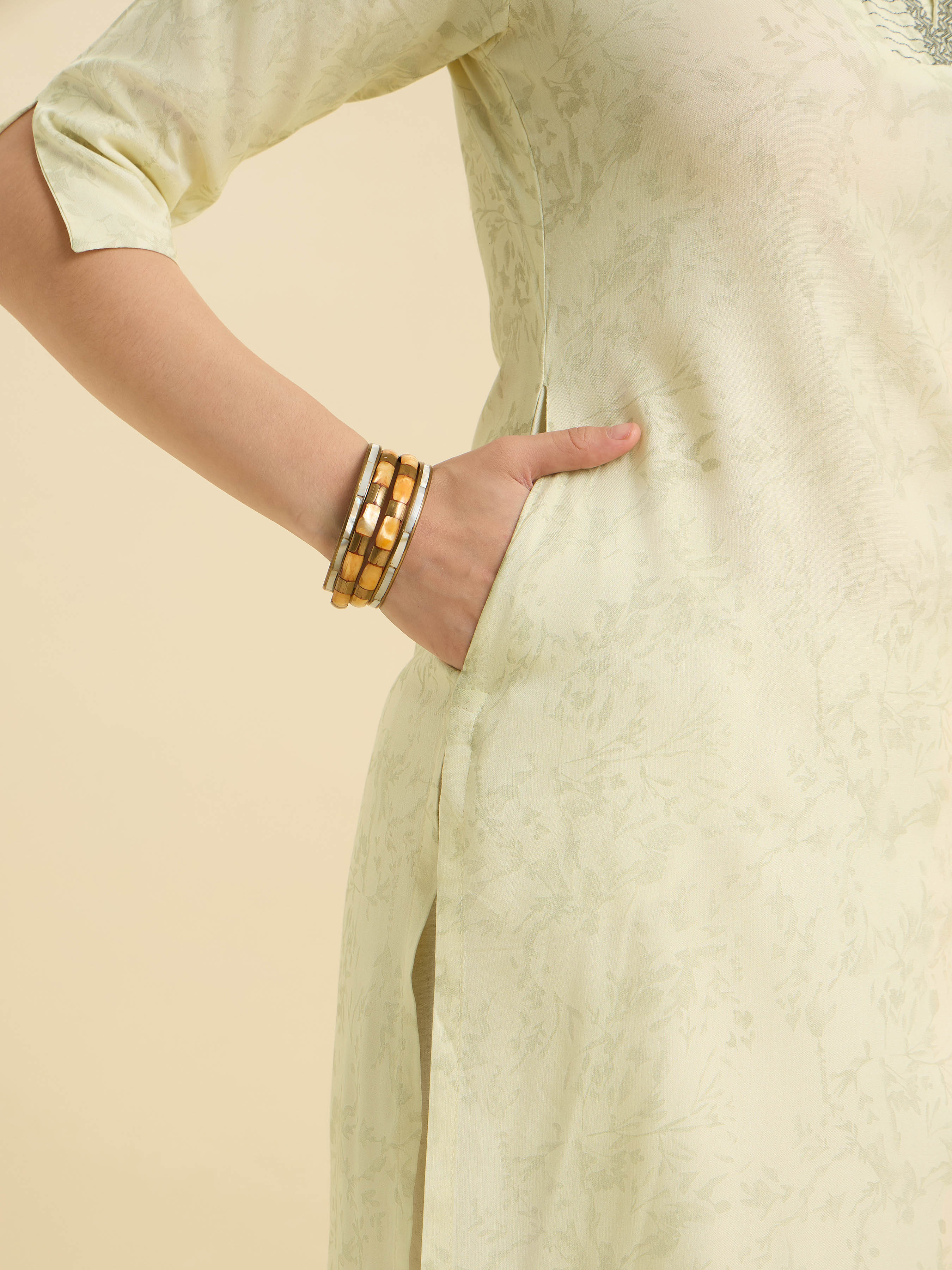 Pale Yellow Viscose Printed Kurti With Embroidery - Image 4