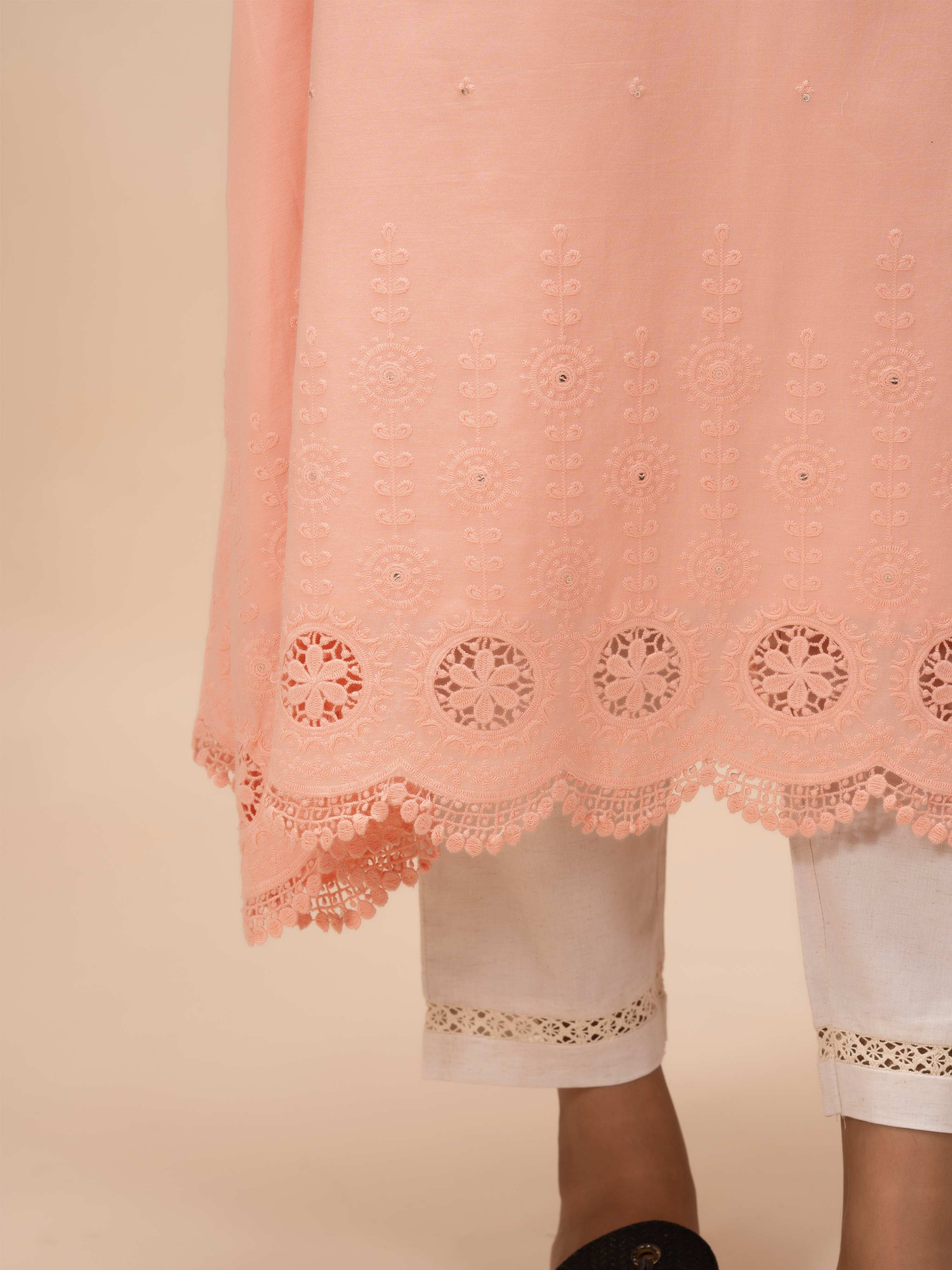 Peach Pure Cotton Kurti With Handwork - Image 4