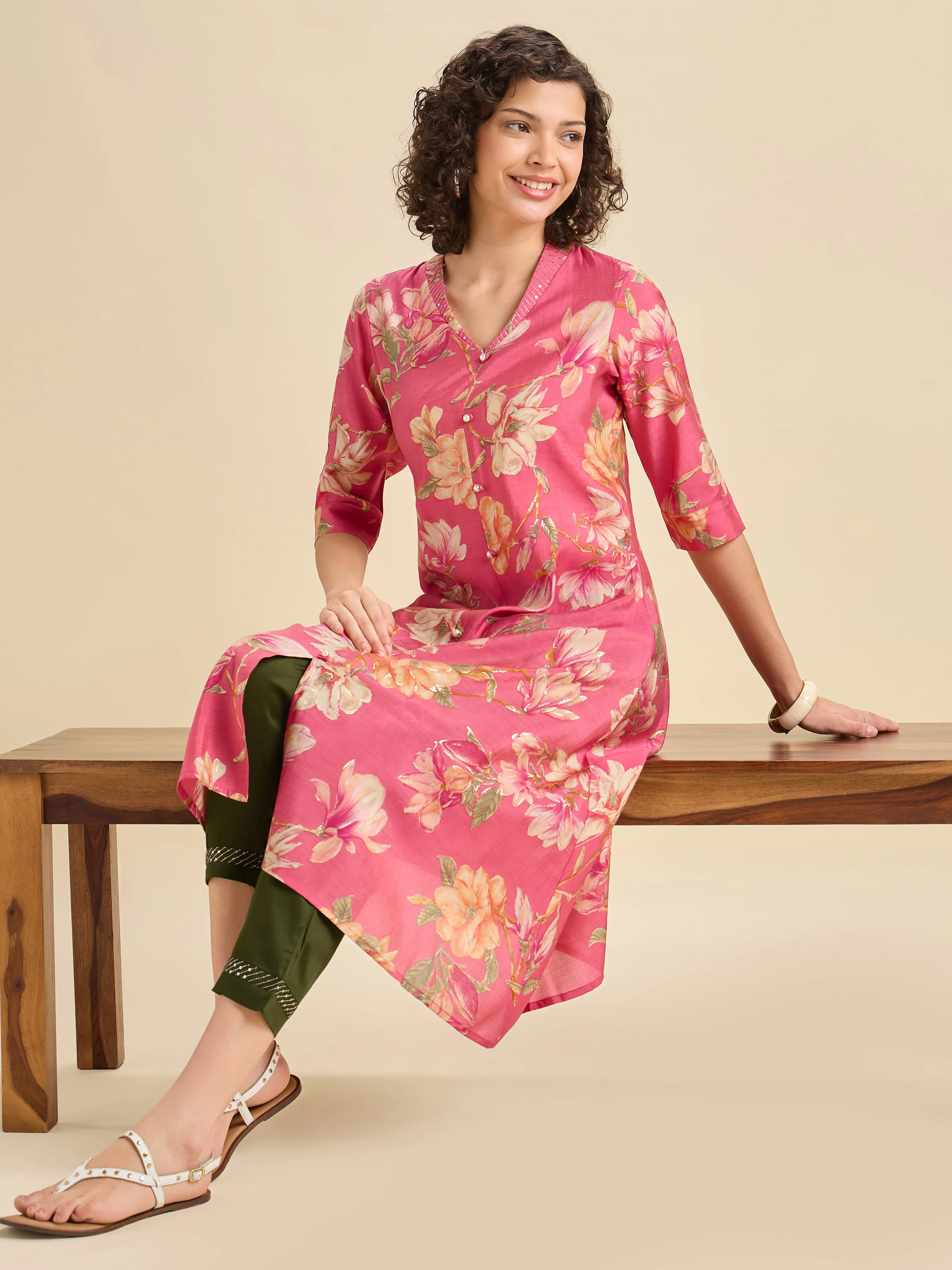 Pink Modal Chanderi Flared Printed Kurti Set With Embroidery - Image 5