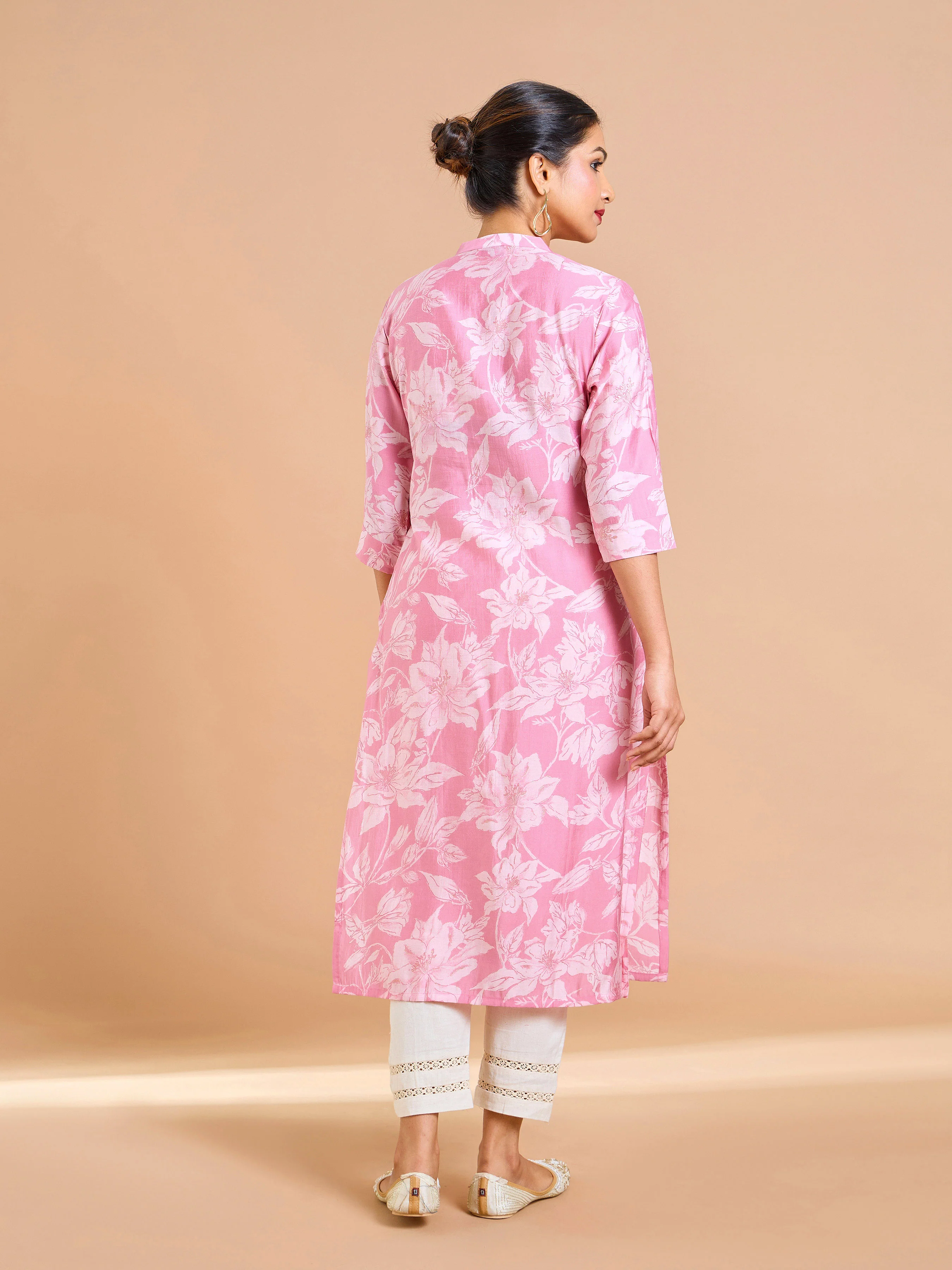 Pink Modal Chanderi Foil Printed Kurti With Princess Cut - Image 5