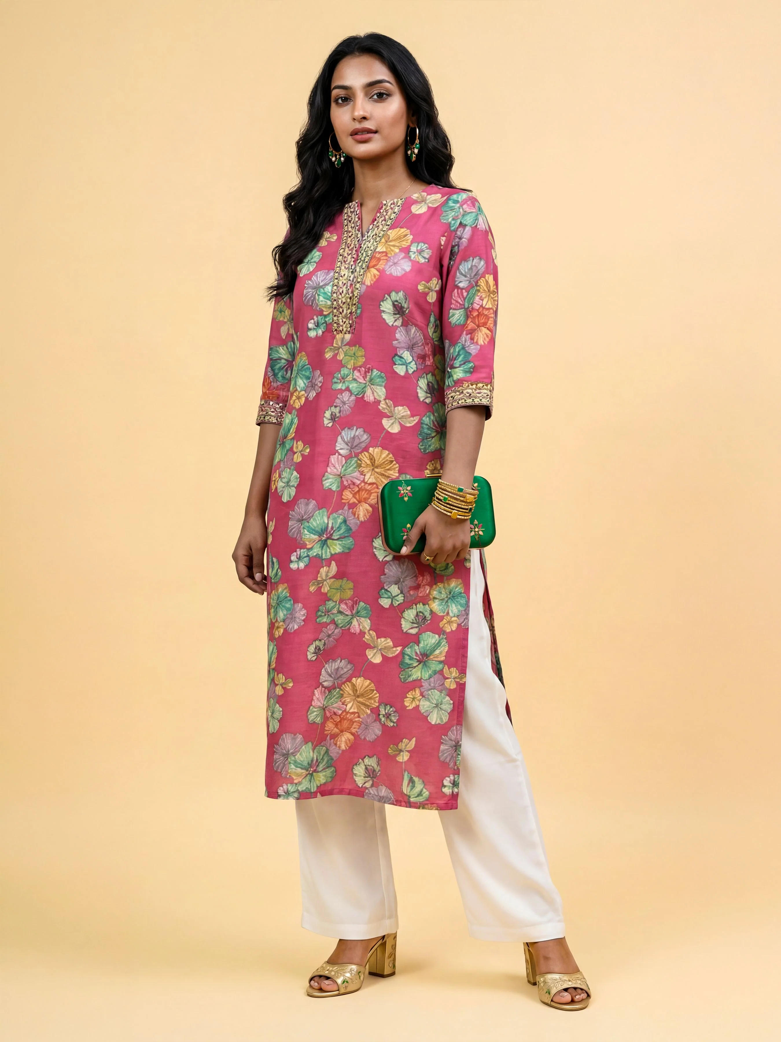 Pink Multi Viscose Blend Printed Slitted Kurti With Embroidery Sequins Work