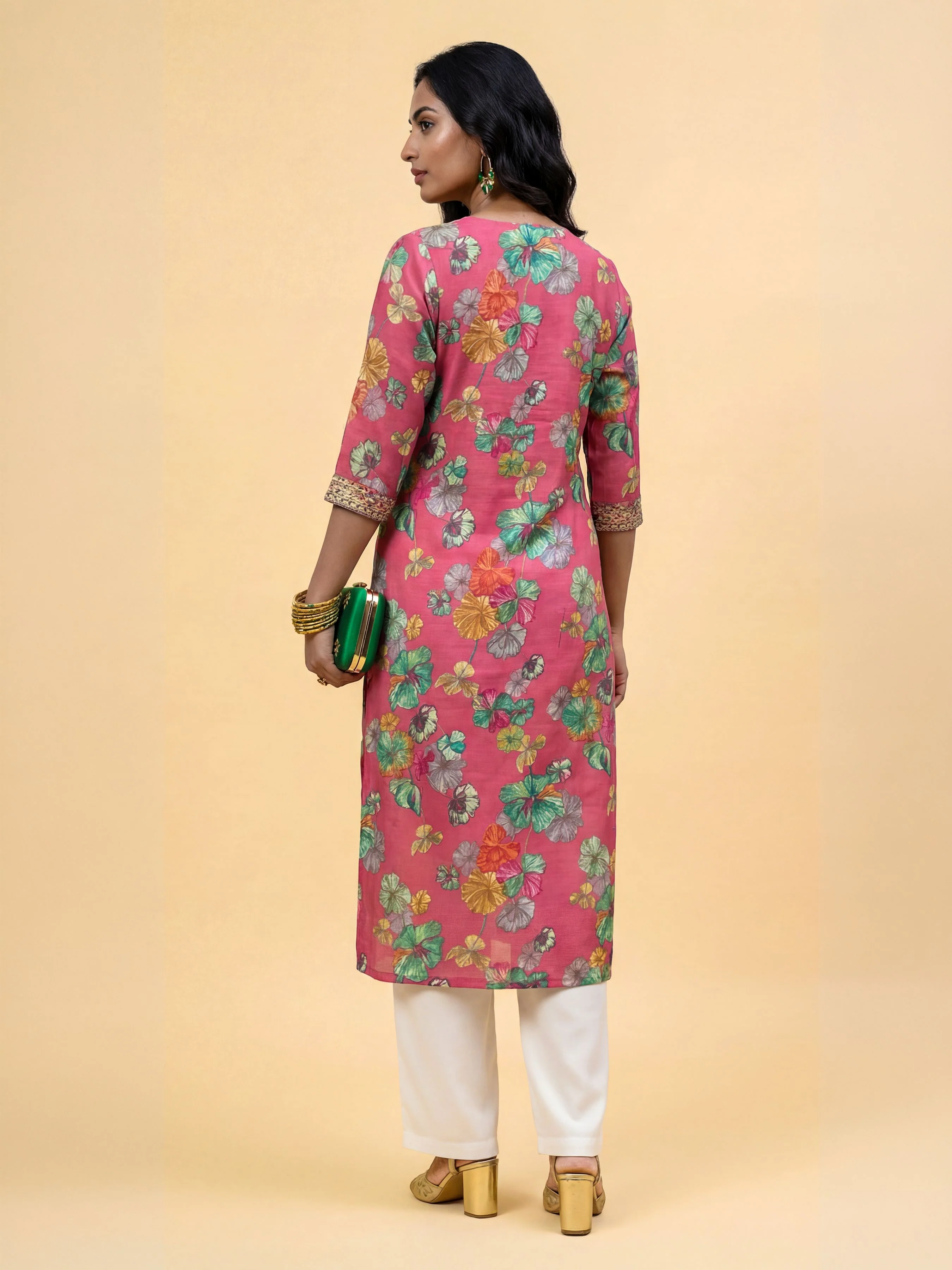 Pink Multi Viscose Blend Printed Slitted Kurti With Embroidery Sequins Work - Image 5
