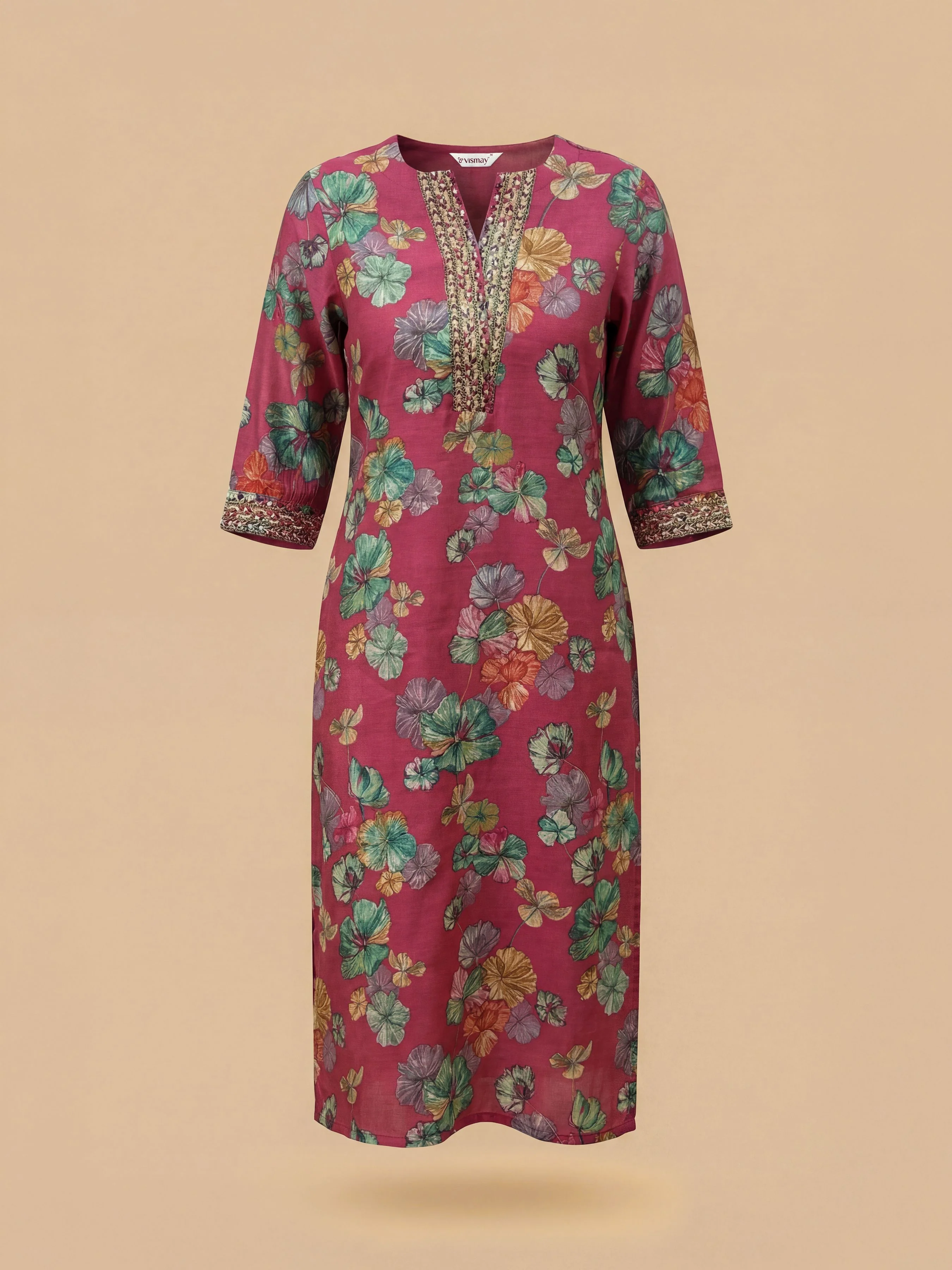 Pink Multi Viscose Blend Printed Slitted Kurti With Embroidery Sequins Work - Image 6