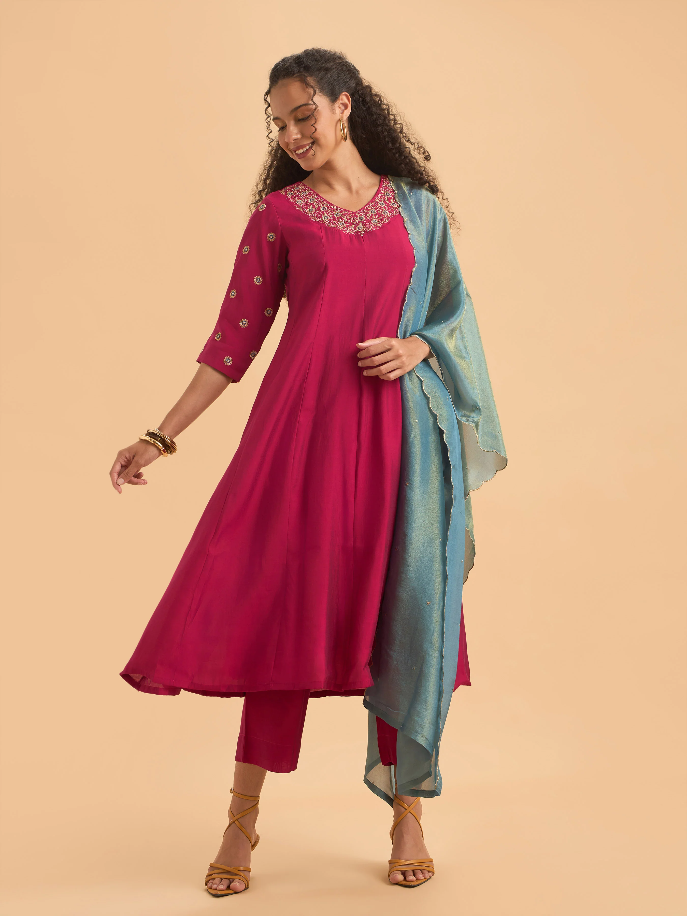 Pink Viscose Plain Flared Kali Cut Kurti Set With Embroidery And Sequins With Contrast Shimmer Dupatta - Image 4