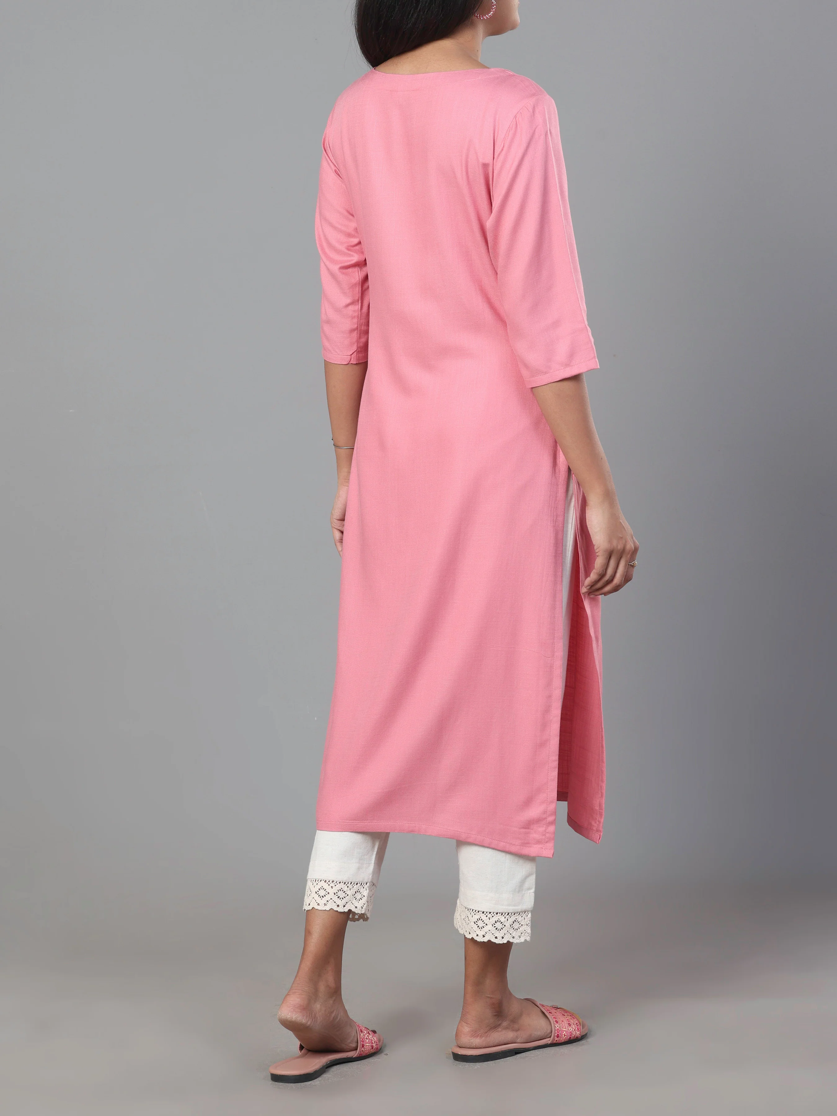 Pink Viscose Twill Plain Kurti With Embroidery - Image 5