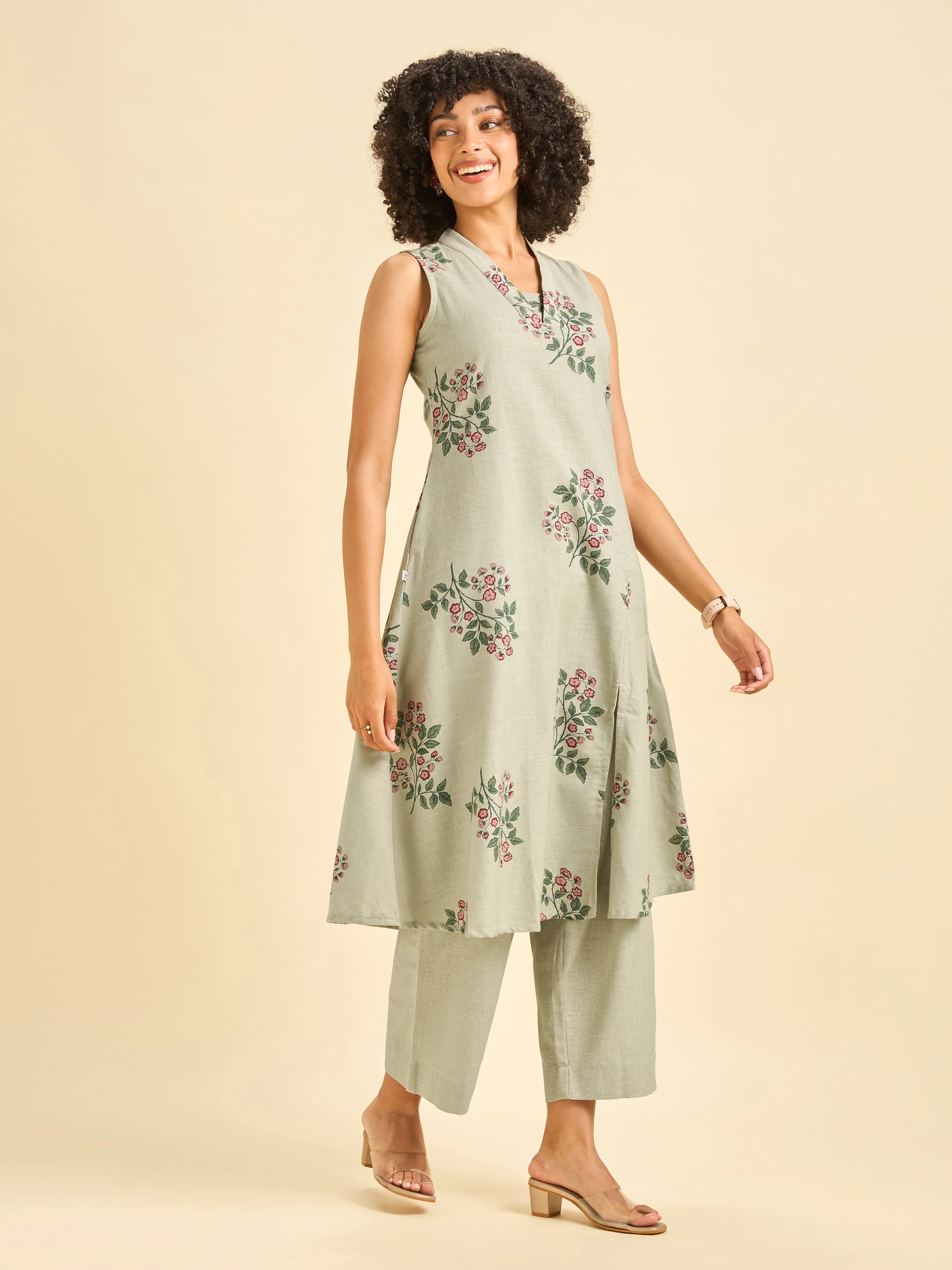 Pista Green Cotton Flax Slub Sleeveless Kurti Set - Image 6