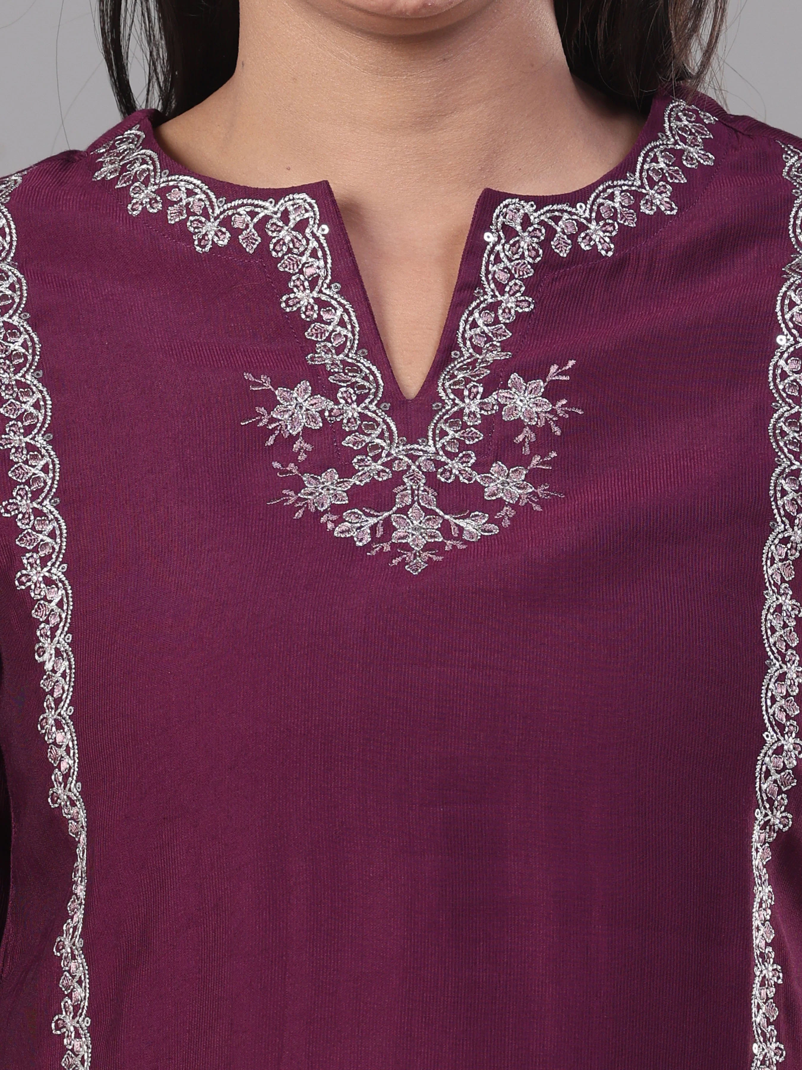 Purple Denting Viscose Kurti With Embroidery - Image 2