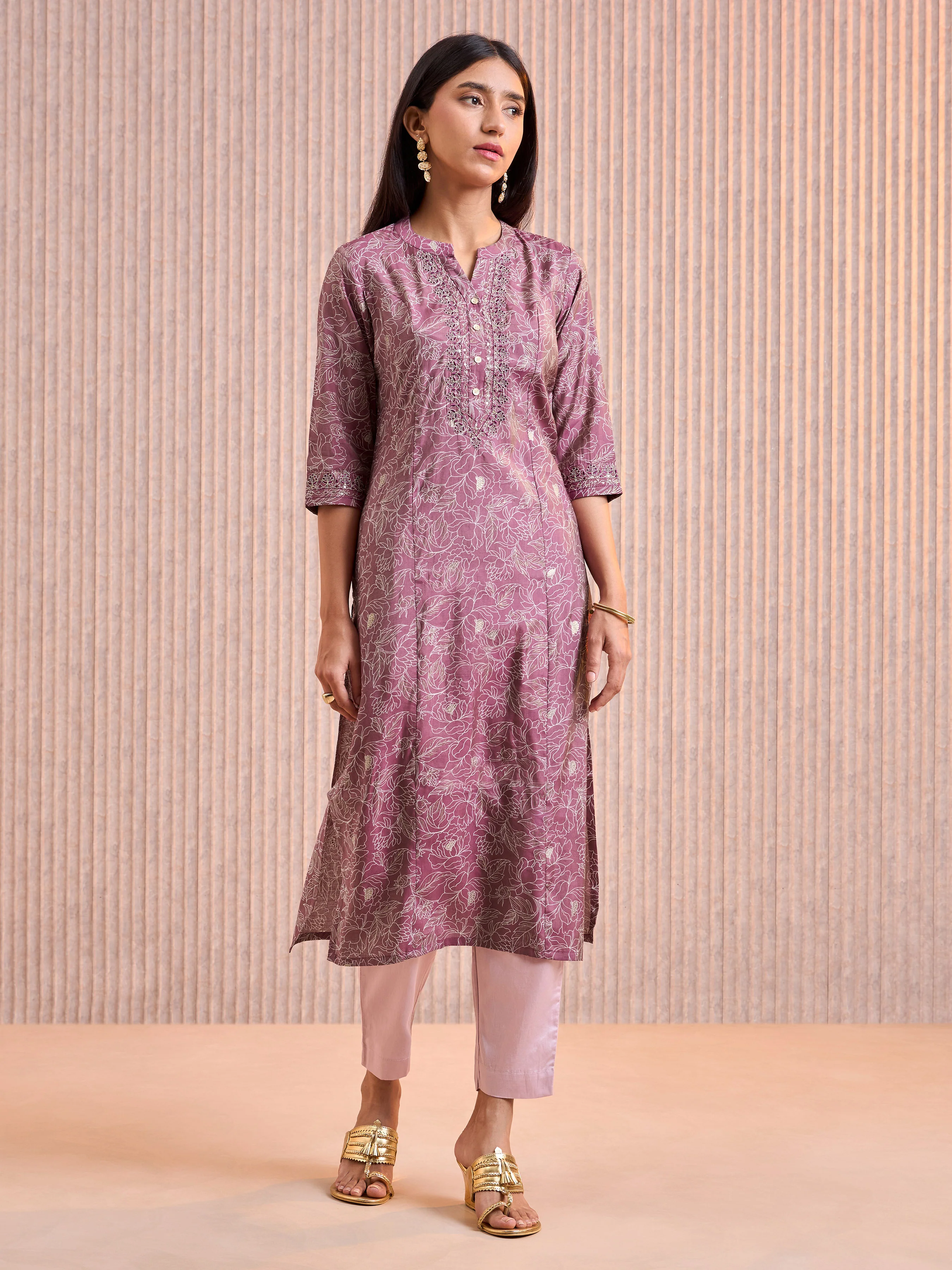 Purple Modal Chanderi Foil Printed Kurti With Cording Sequins Work - Image 4