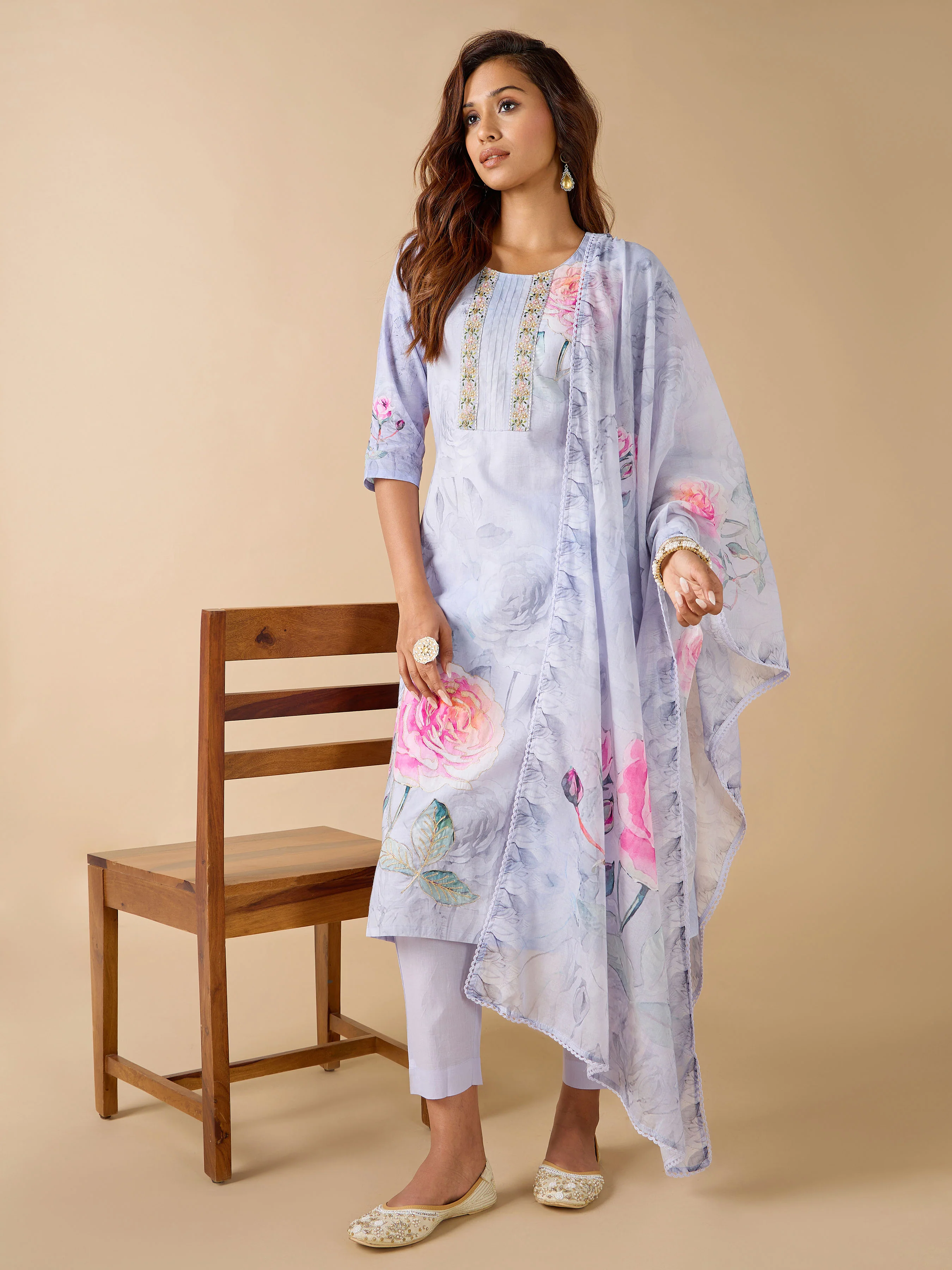 Lavender Pure Cotton Printed Kurti With Embroidery And Matching Bottom - Image 3