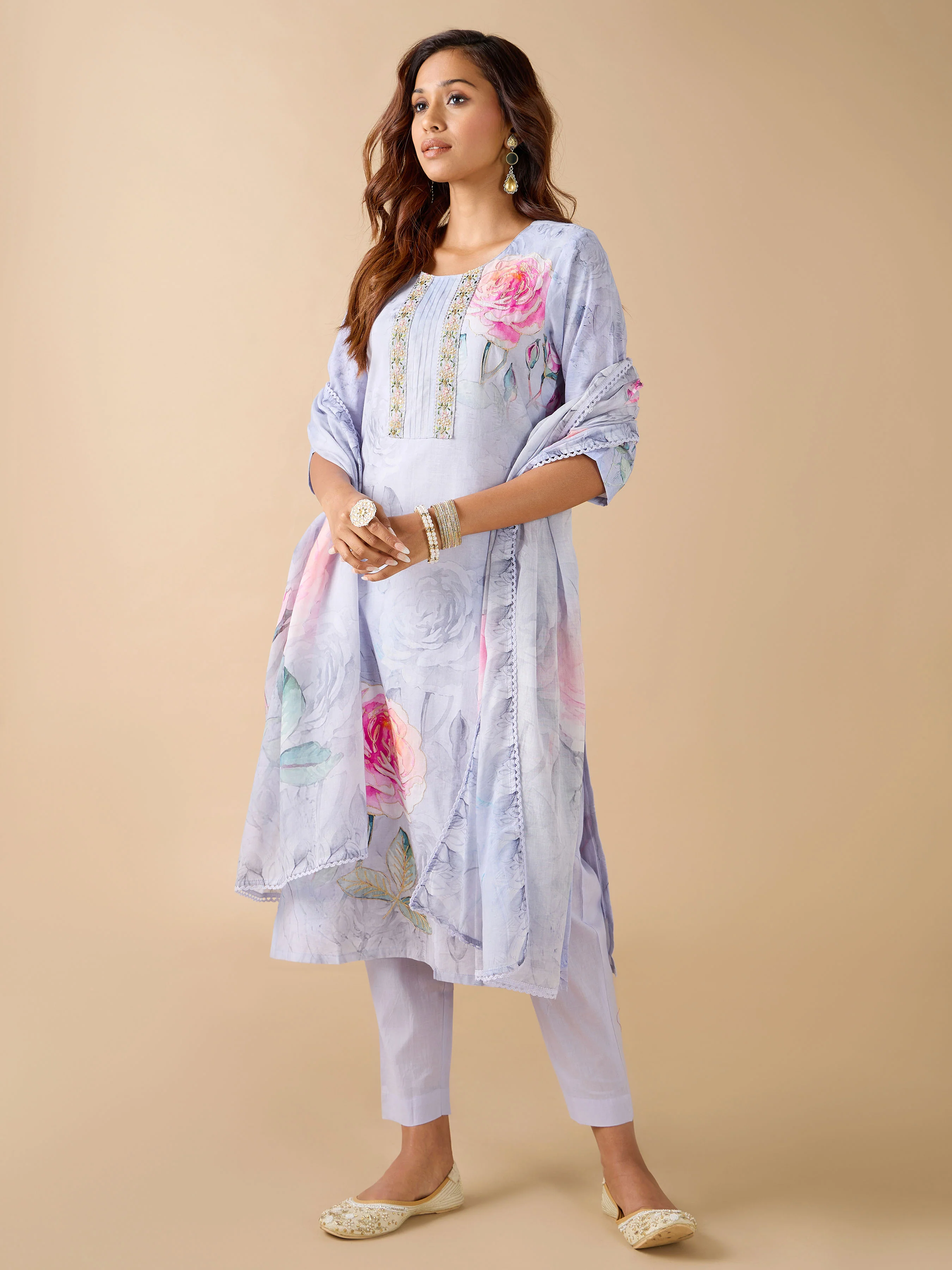 Lavender Pure Cotton Printed Kurti With Embroidery And Matching Bottom - Image 4