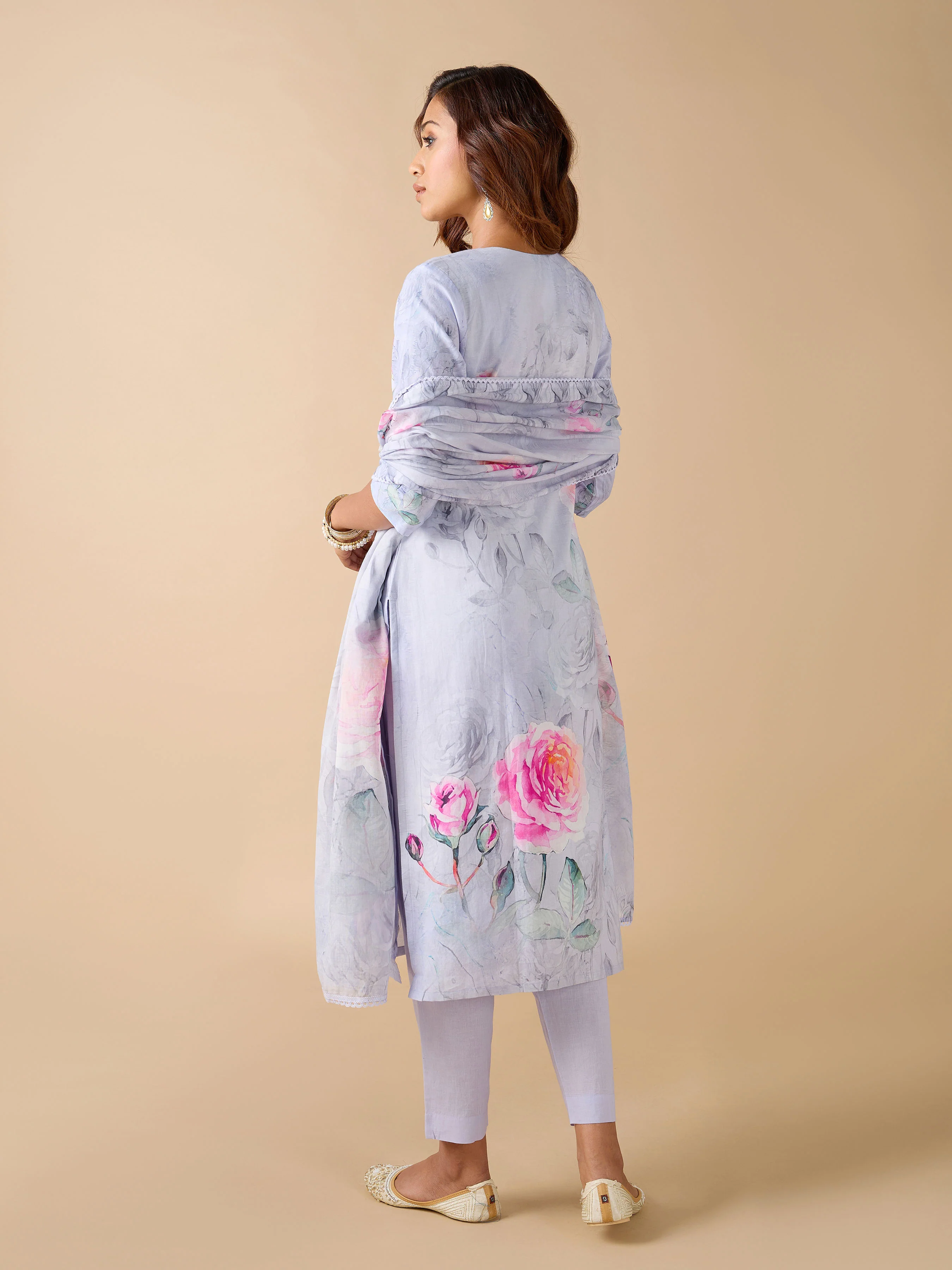 Lavender Pure Cotton Printed Kurti With Embroidery And Matching Bottom - Image 5
