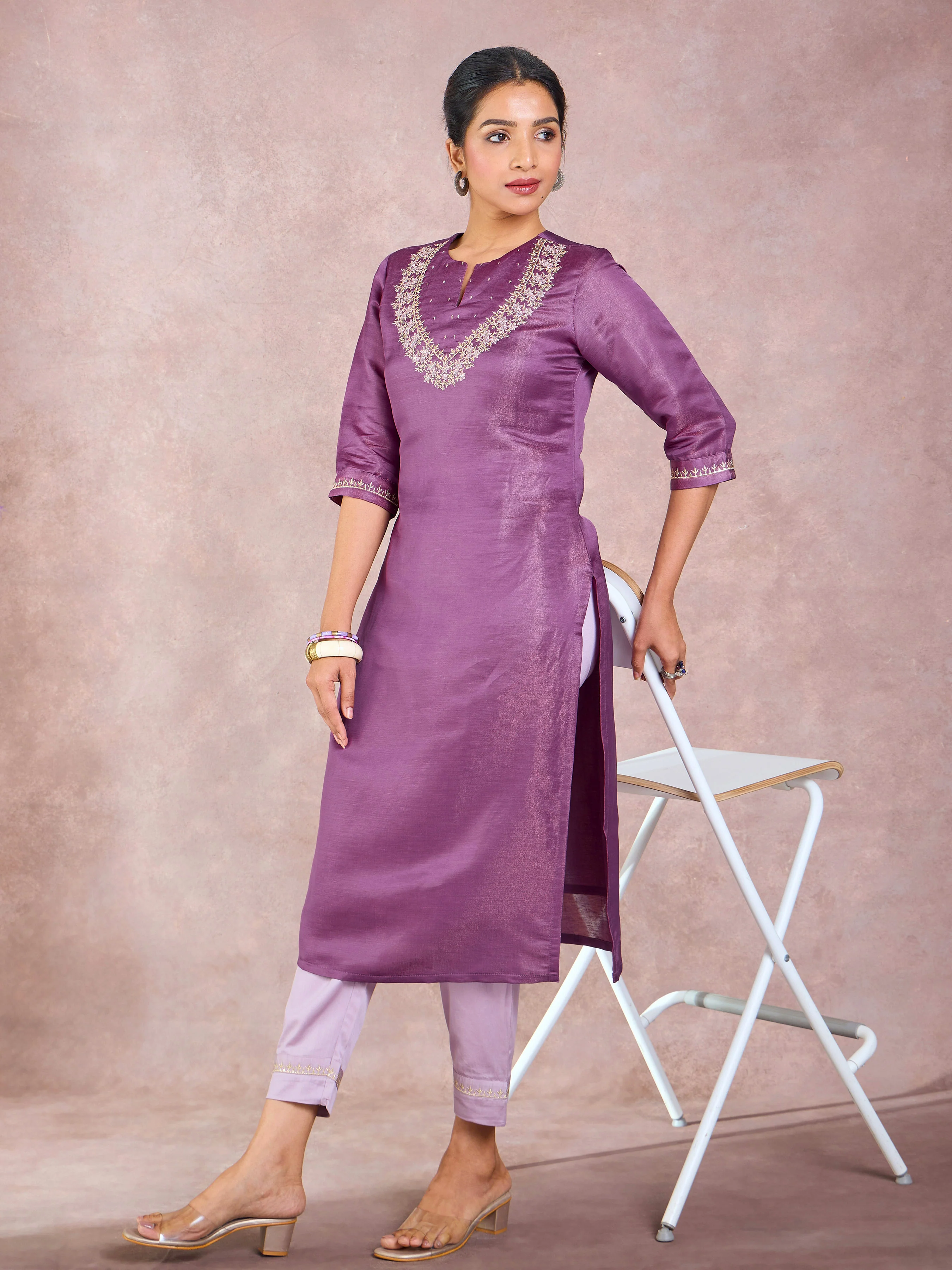 Purple Satin Shimmer Kurti & Bottom Set With Hand Work - Image 3