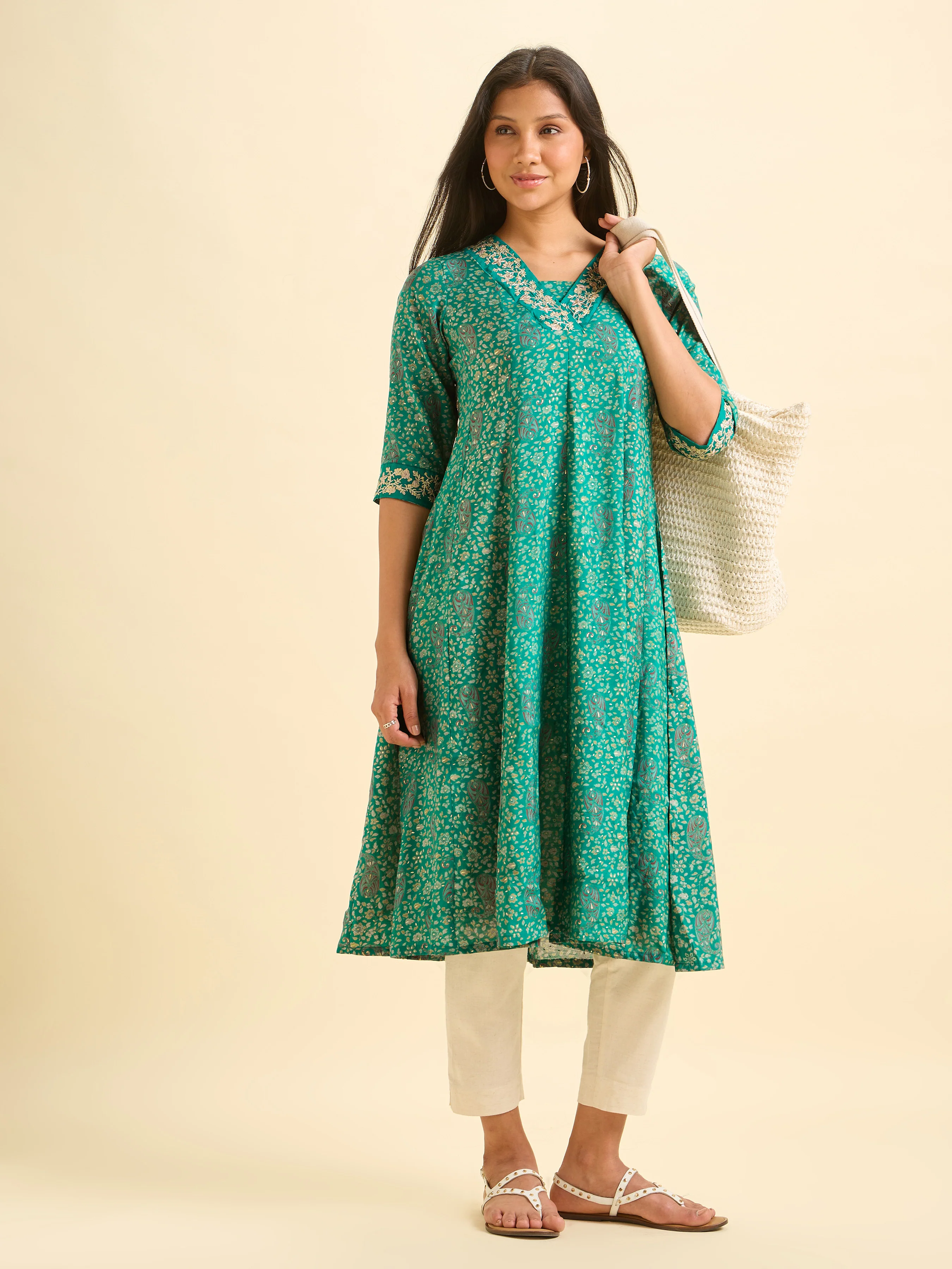 Rama Green Modal Chanderi Kali Cut Printed Kurti With Embroidery - Image 4