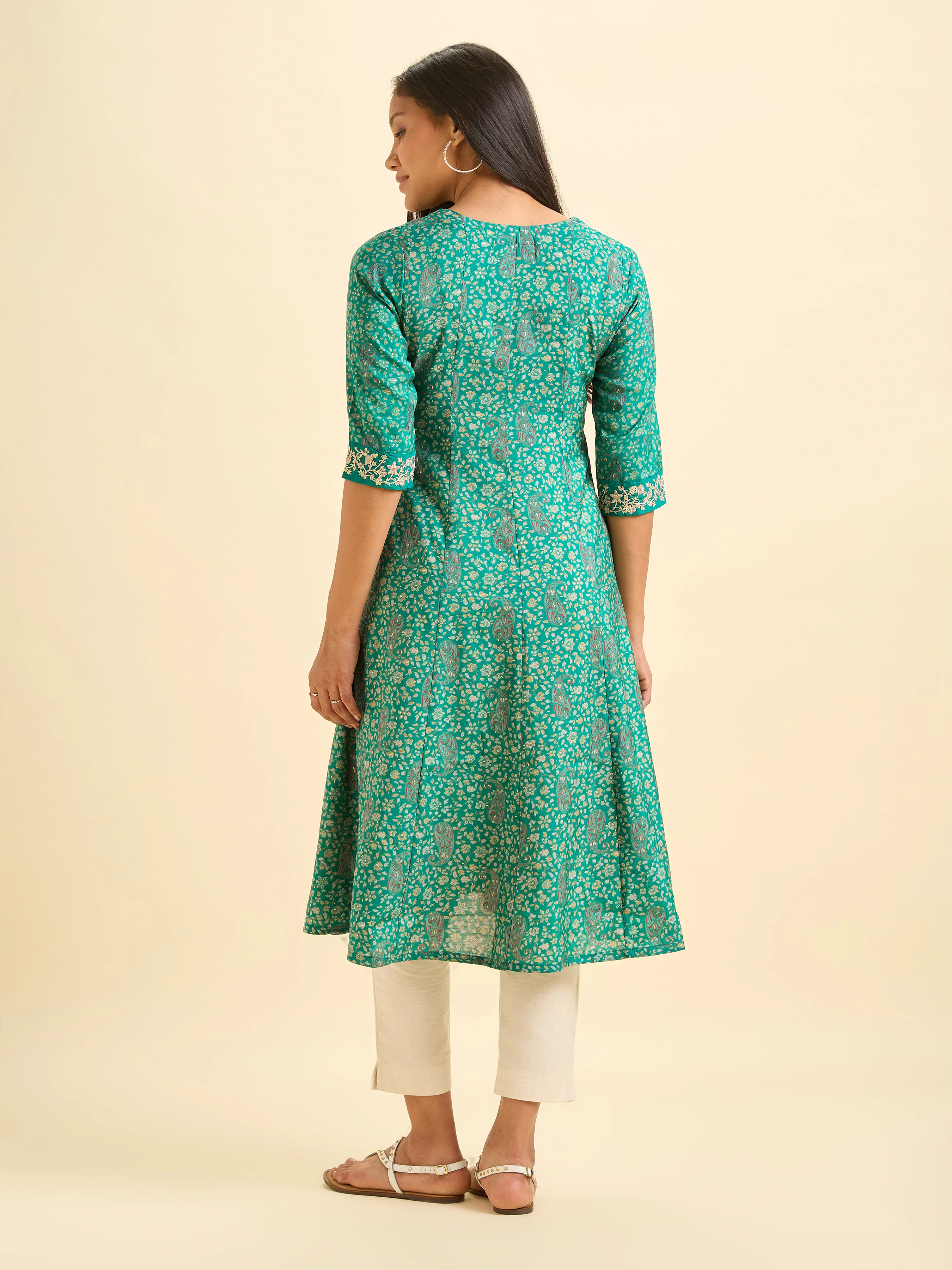 Rama Green Modal Chanderi Kali Cut Printed Kurti With Embroidery - Image 6