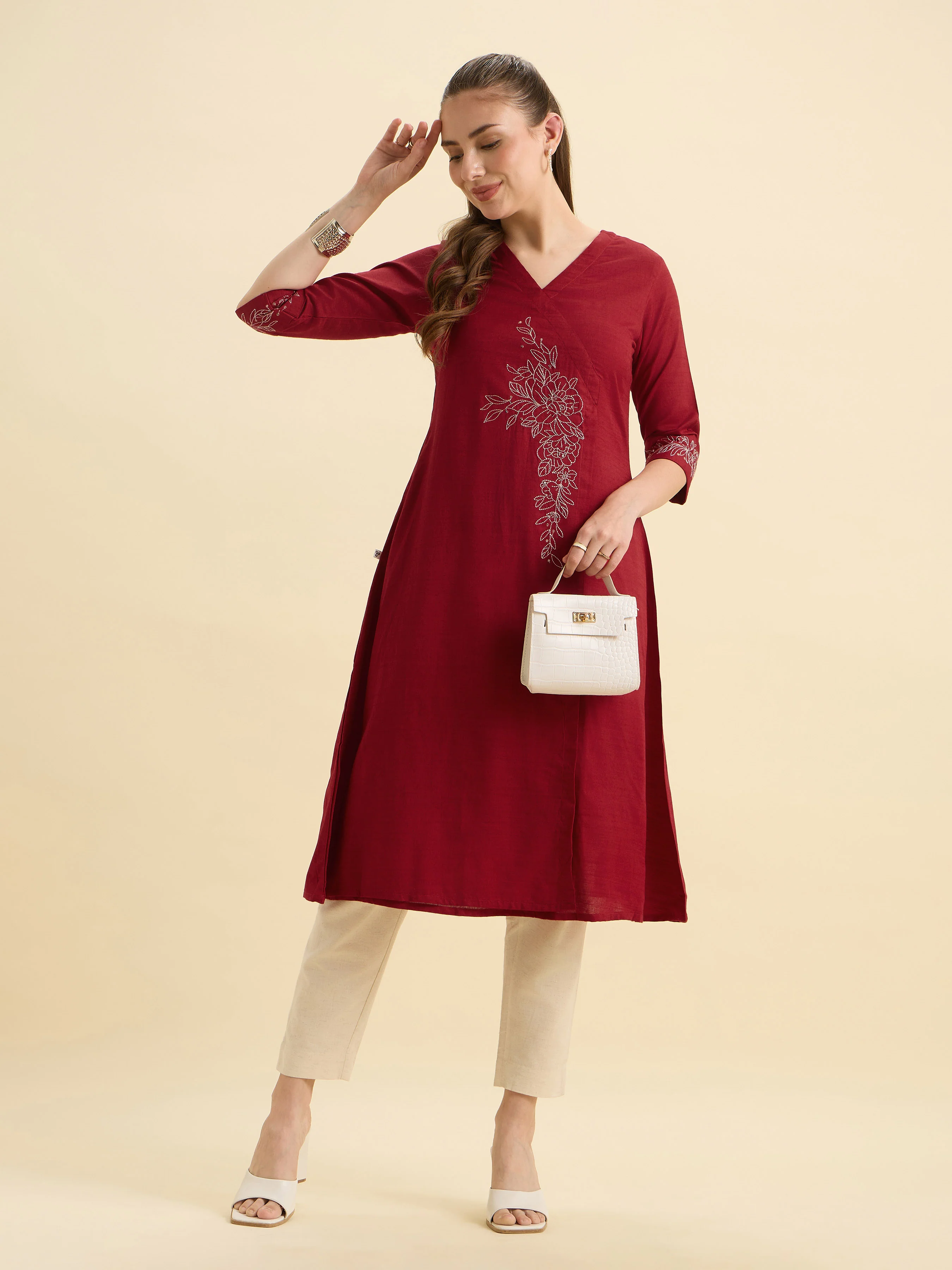 Red Cotton Viscose Angrakha Kurta With Sequence Embroidery - Image 4
