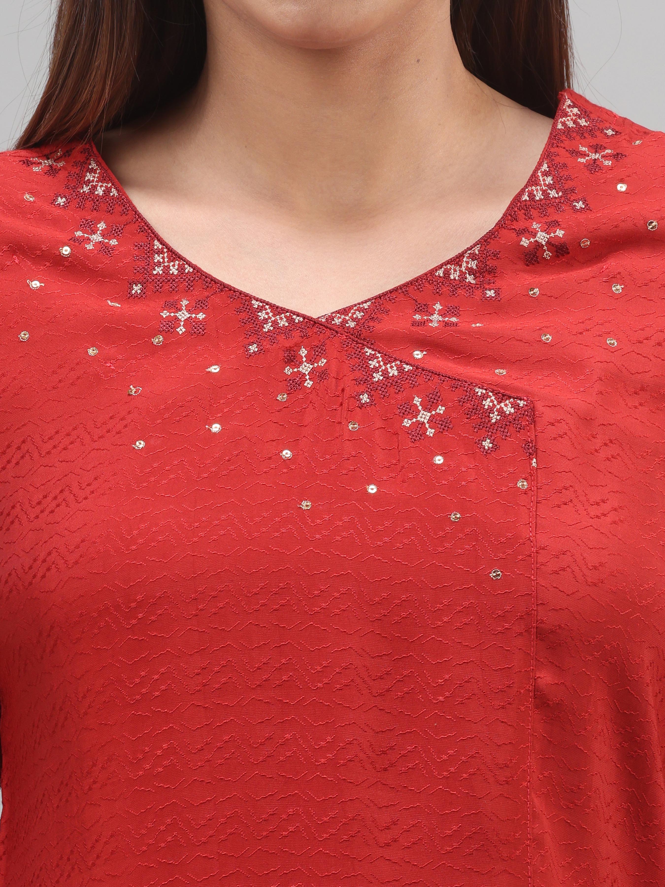 Red Viscose Plain Kurti With Embroidery - Image 2