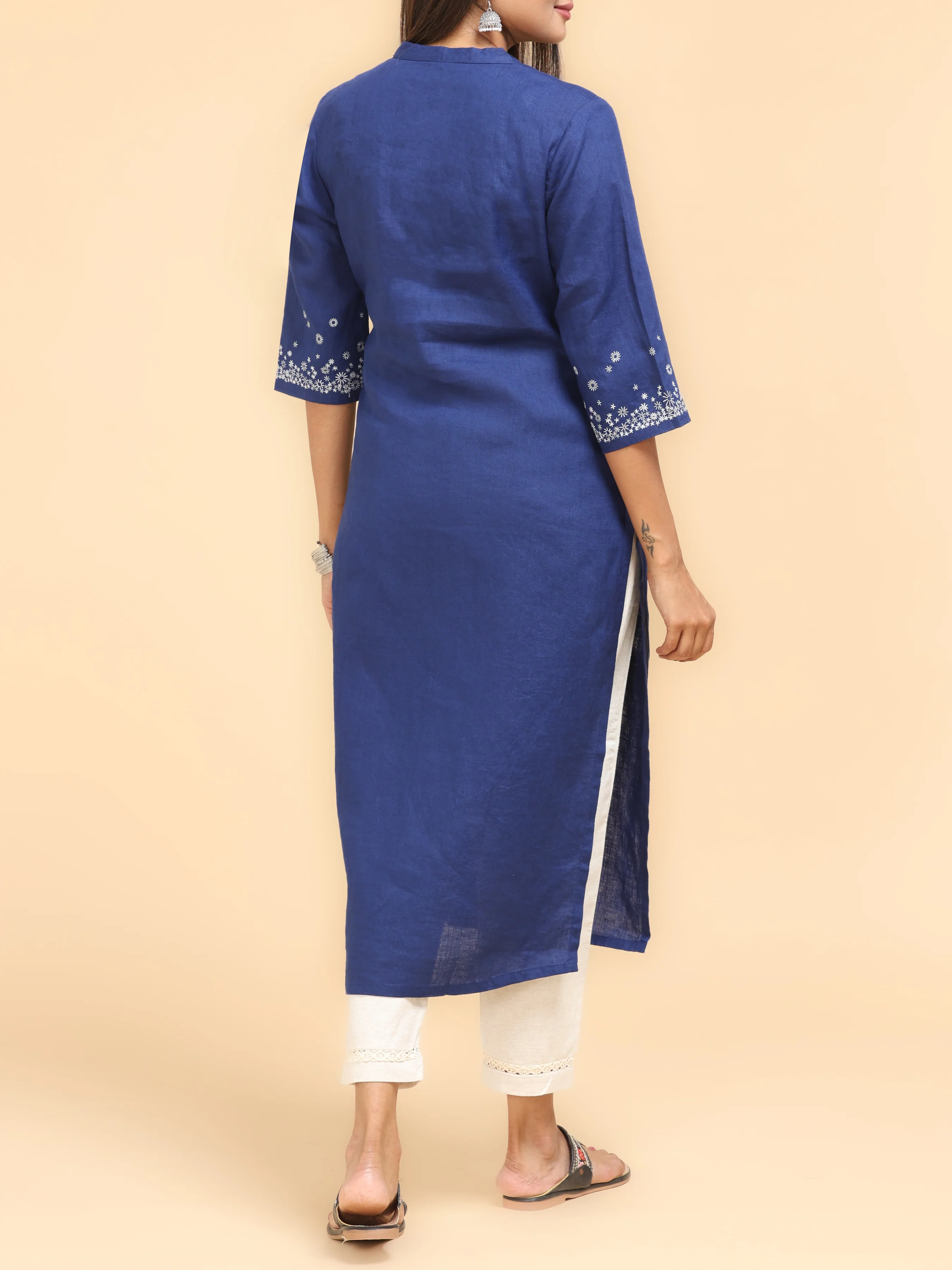 Royal Blue Cotton Linen Kurti With Embroidery - Image 10
