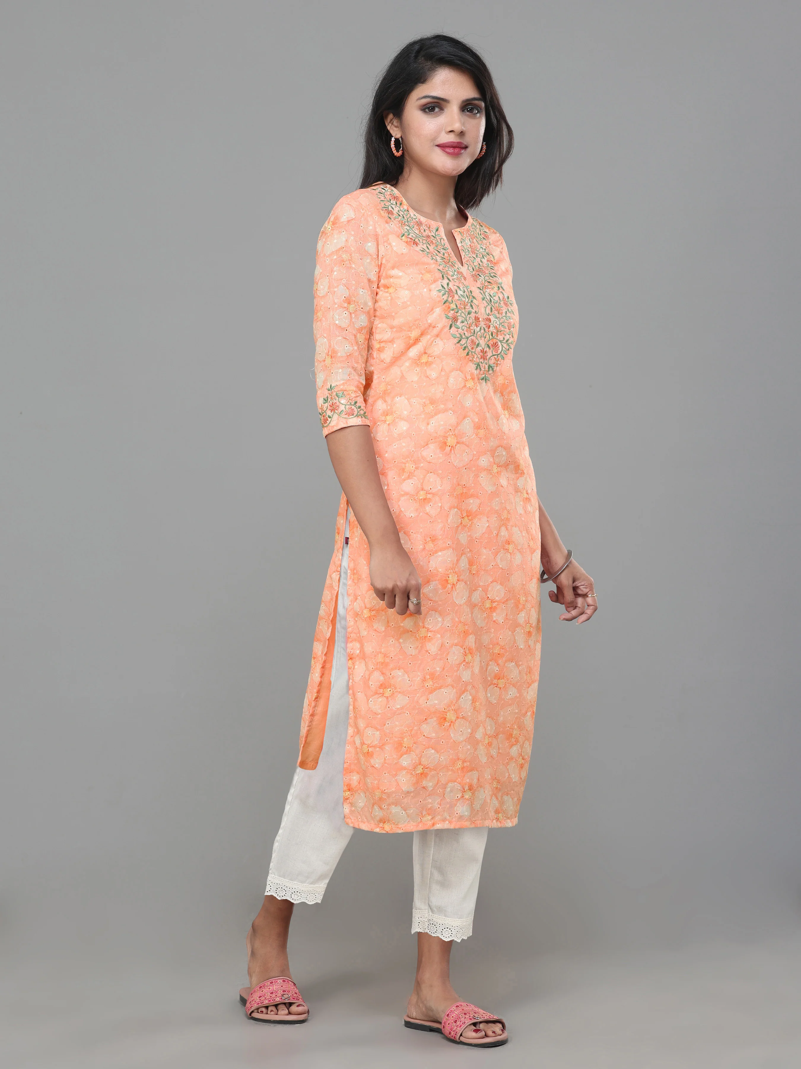 Rust Orange Cotton Schiffli Printed Kurti With Embroidery And Matching Bottom - Image 3