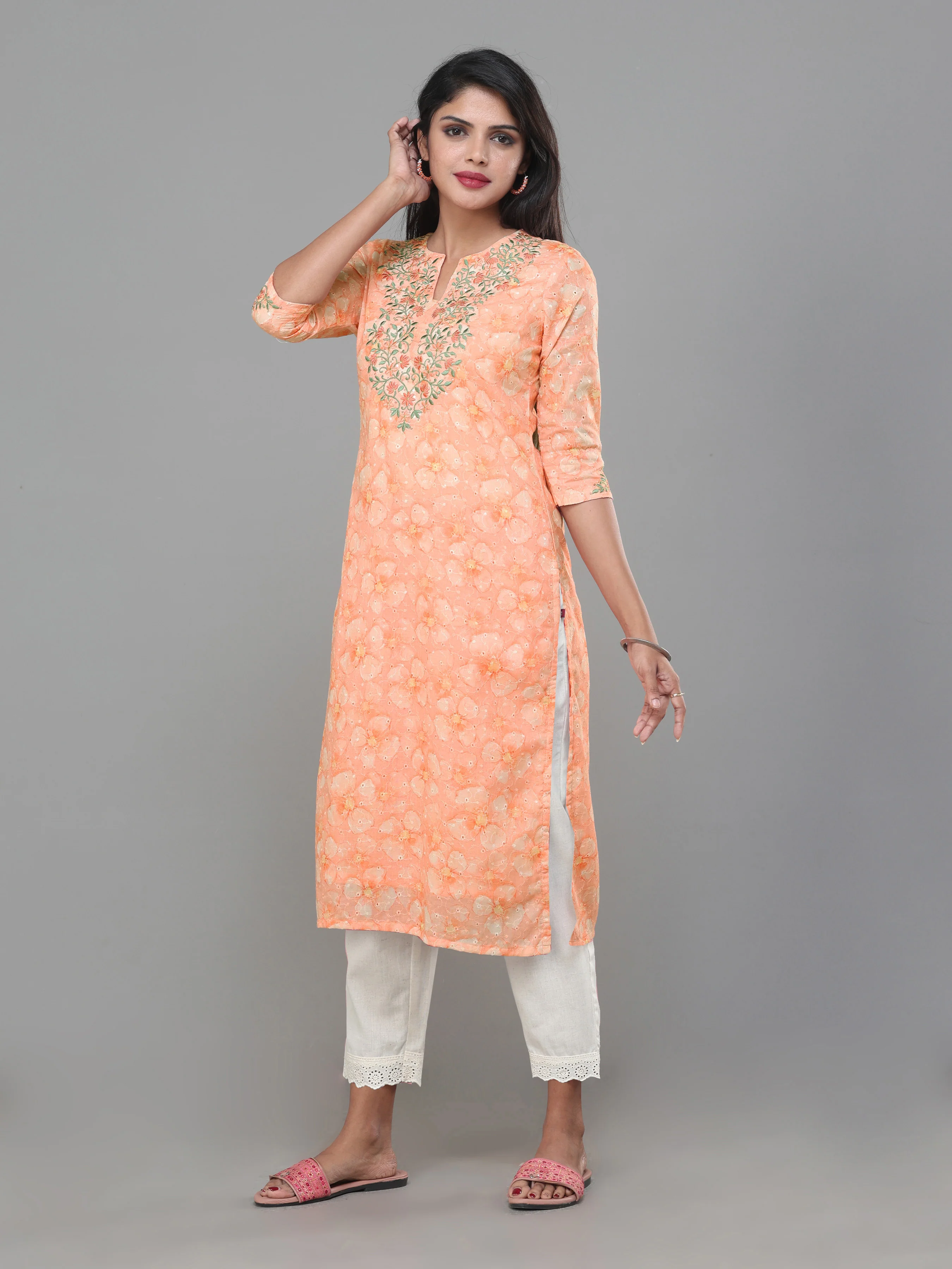 Rust Orange Cotton Schiffli Printed Kurti With Embroidery And Matching Bottom - Image 4