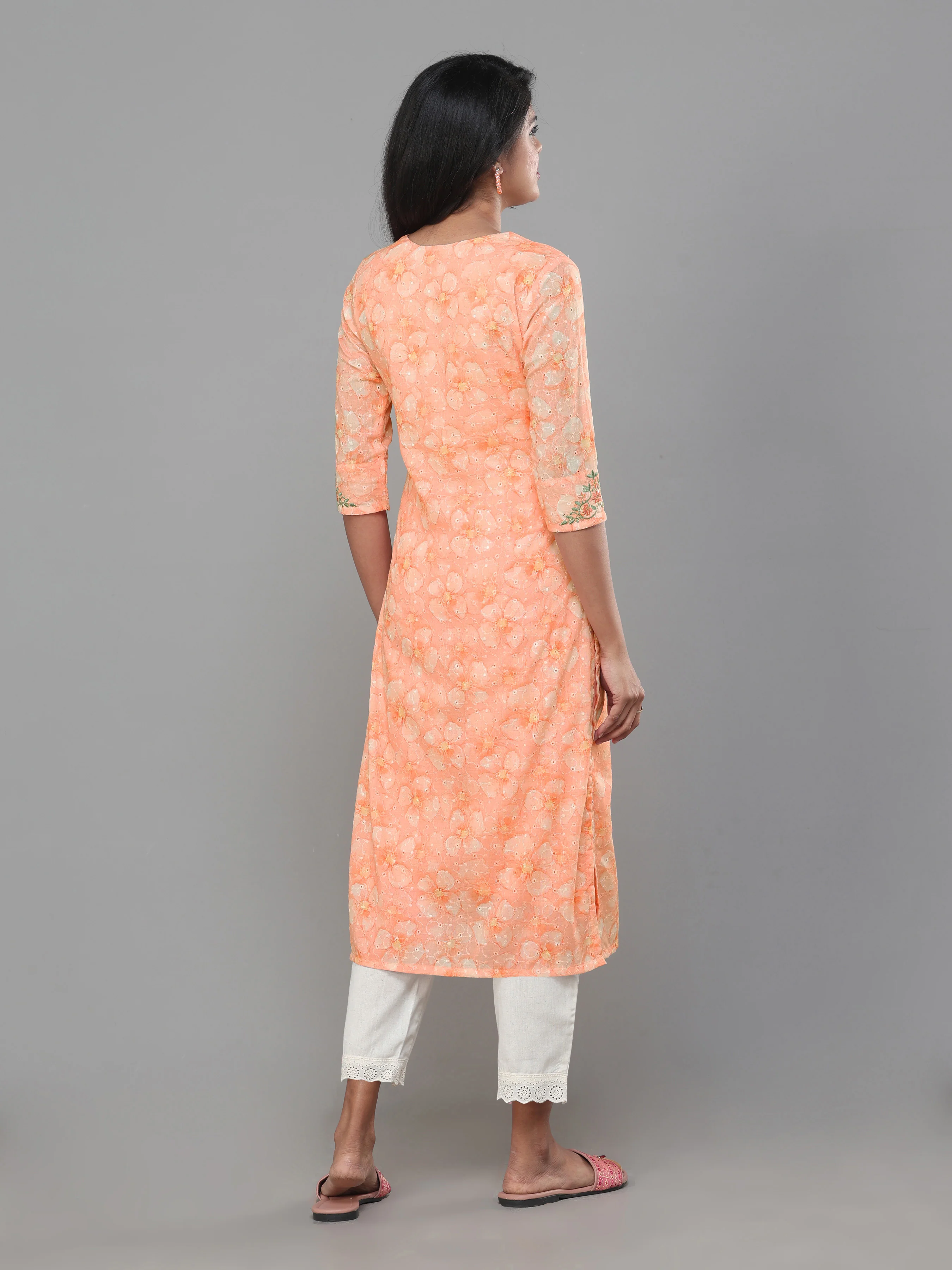 Rust Orange Cotton Schiffli Printed Kurti With Embroidery And Matching Bottom - Image 6
