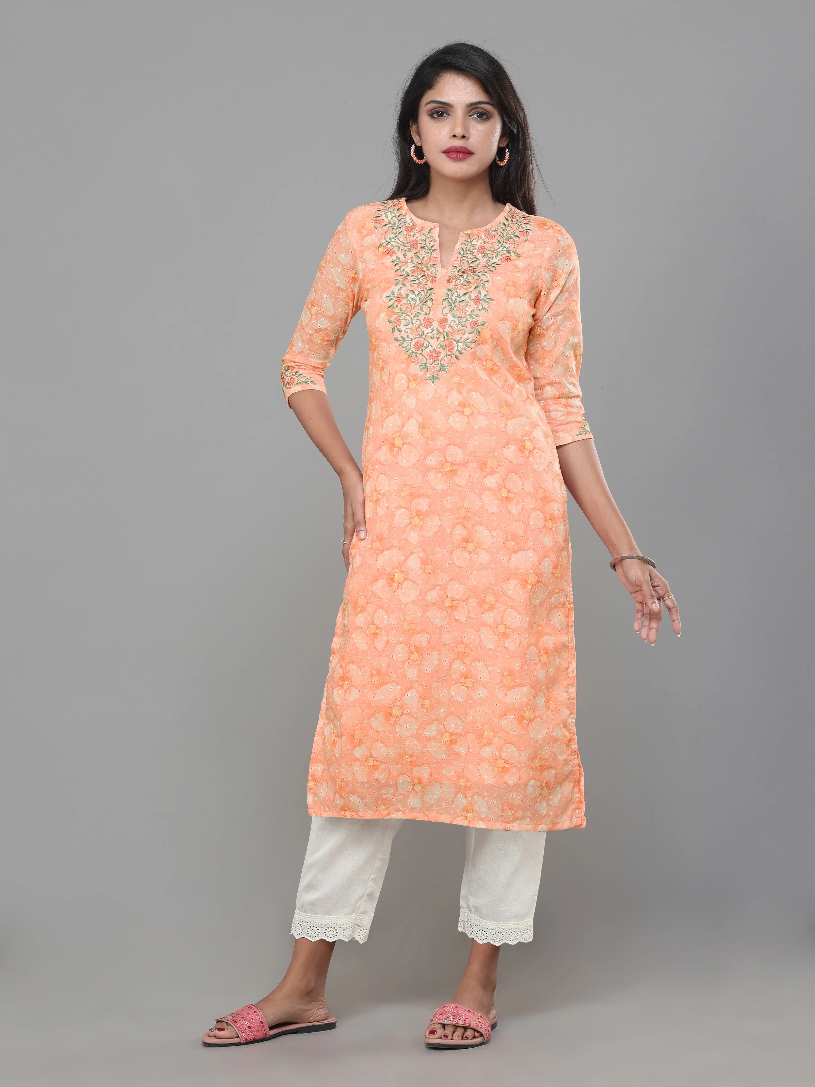 Rust Orange Cotton Schiffli Printed Kurti With Embroidery And Matching Bottom - Image 7