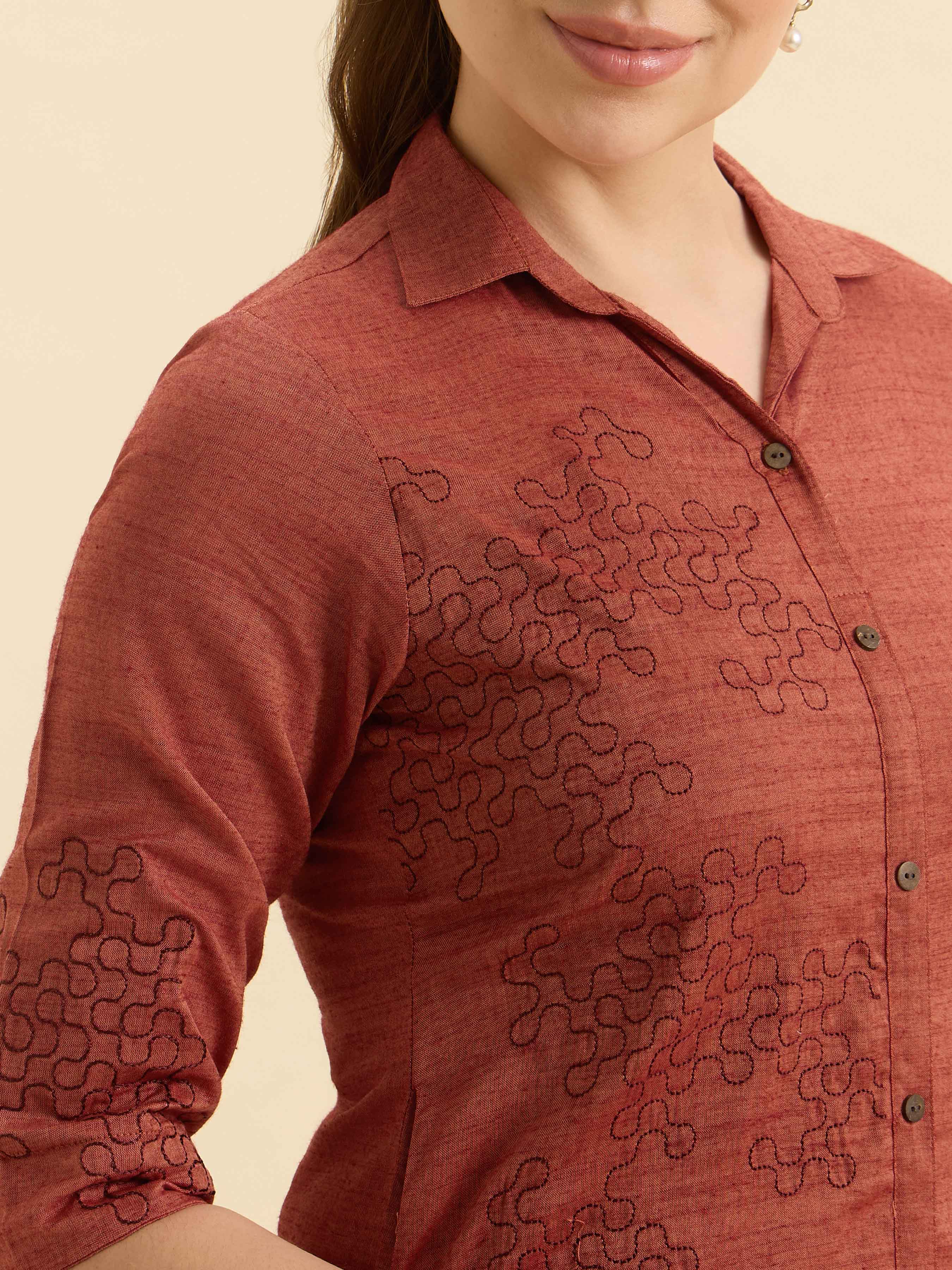 Rust Orange Cotton Viscose Slitted Kurti With Embroidery And Curved Hemline - Image 9