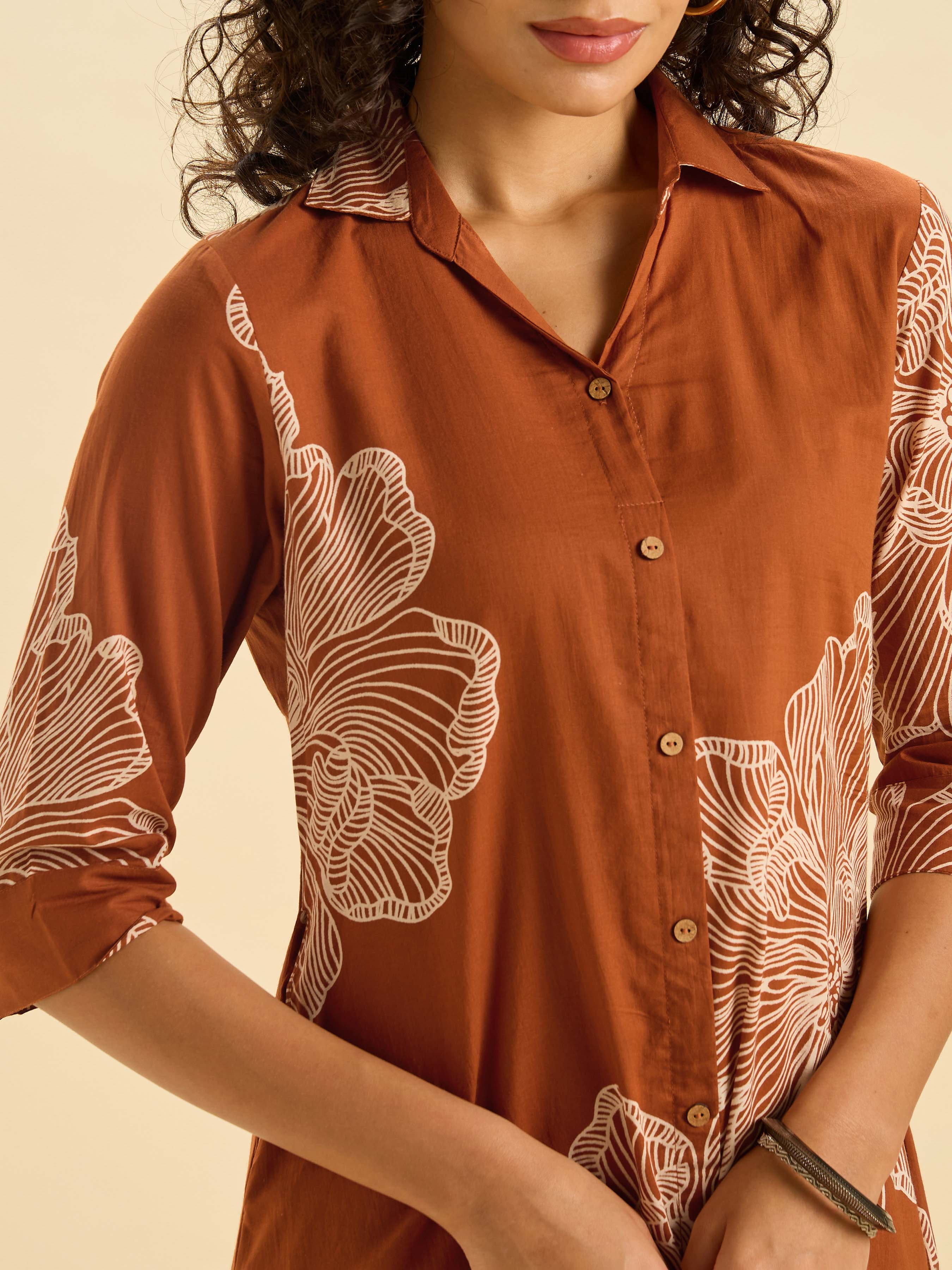 Rust Orange Pure Cotton Printed Flared Kurti Set - Image 2