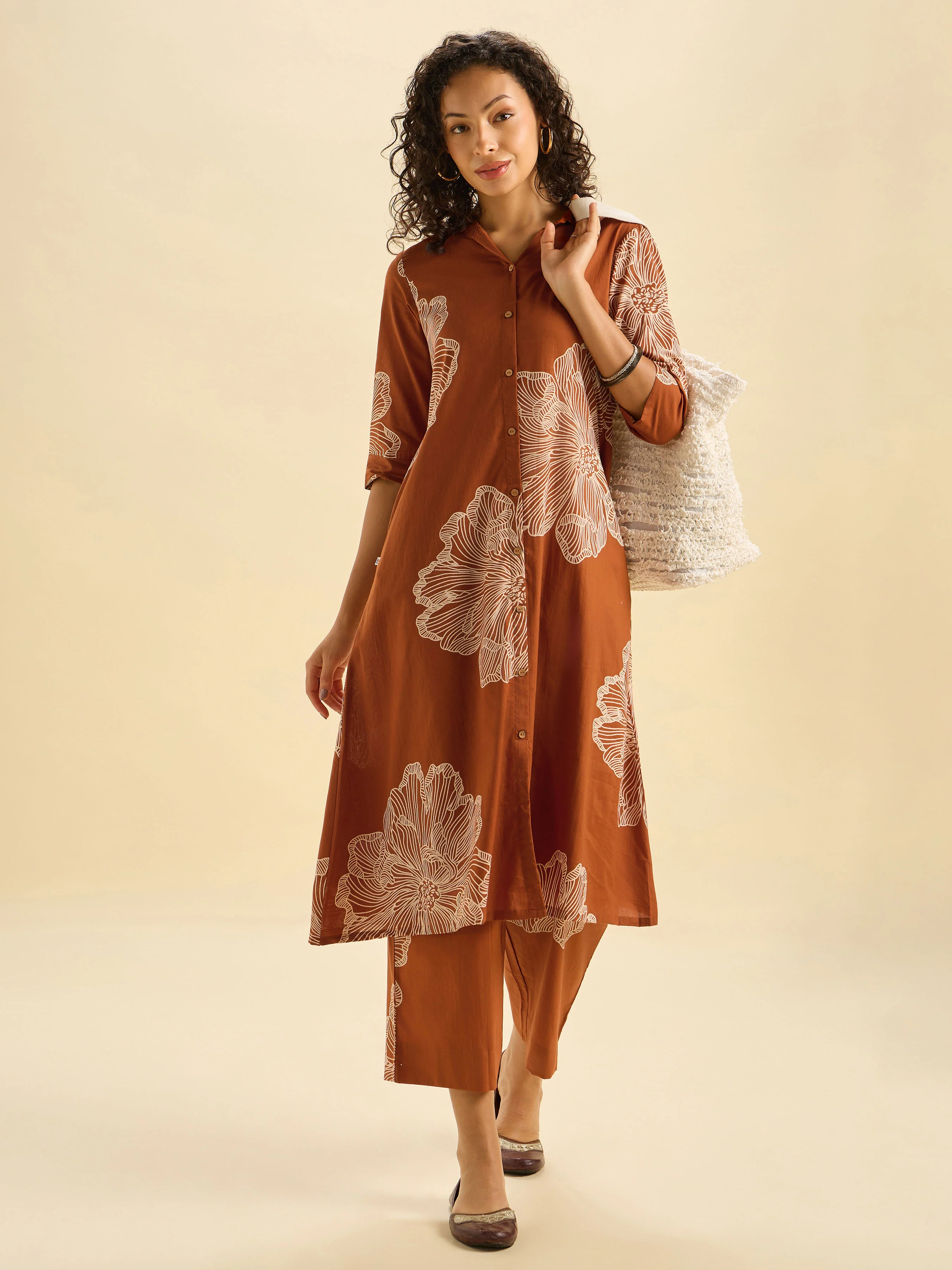 Rust Orange Pure Cotton Printed Flared Kurti Set - Image 4