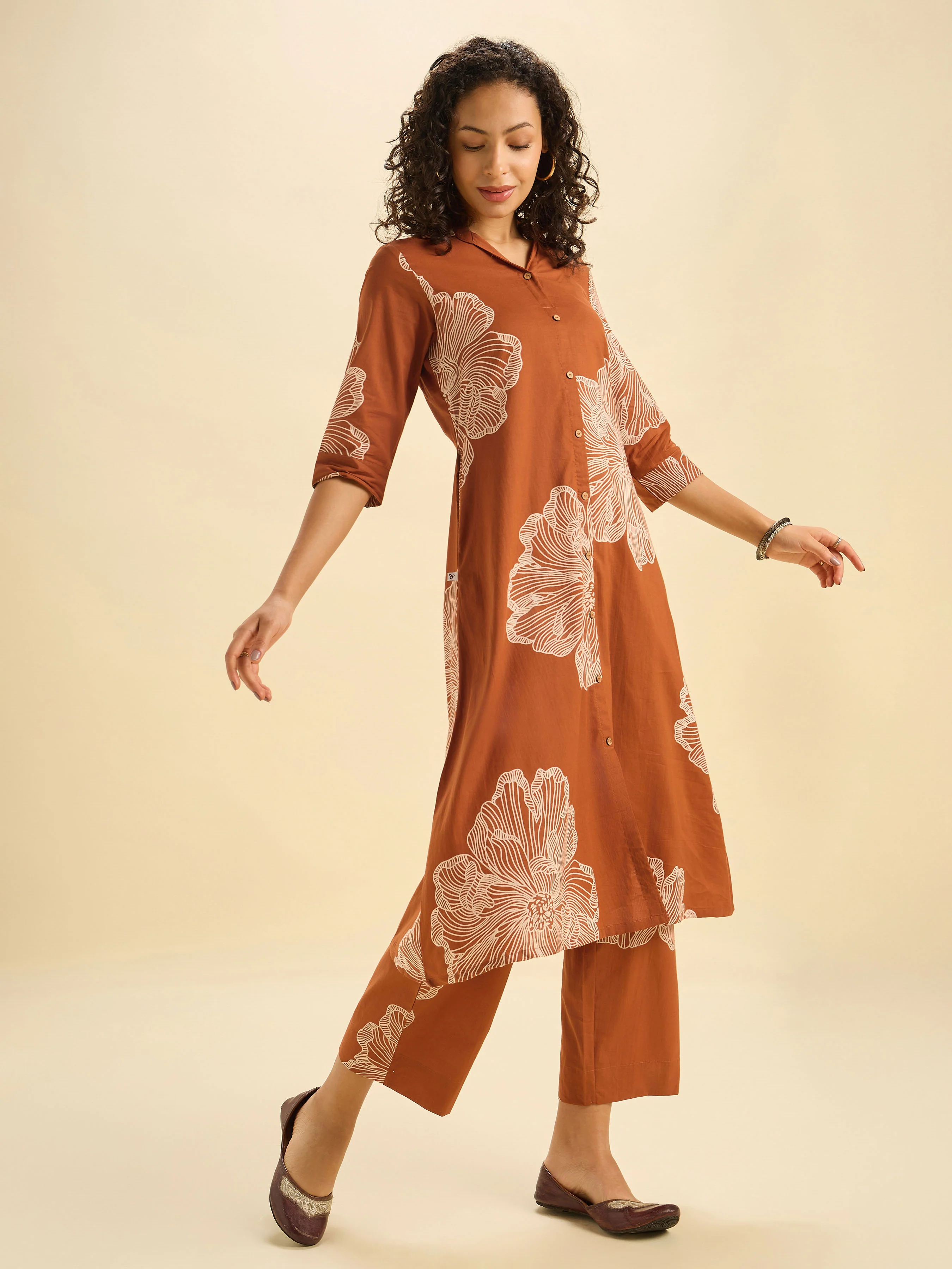 Rust Orange Pure Cotton Printed Flared Kurti Set - Image 5