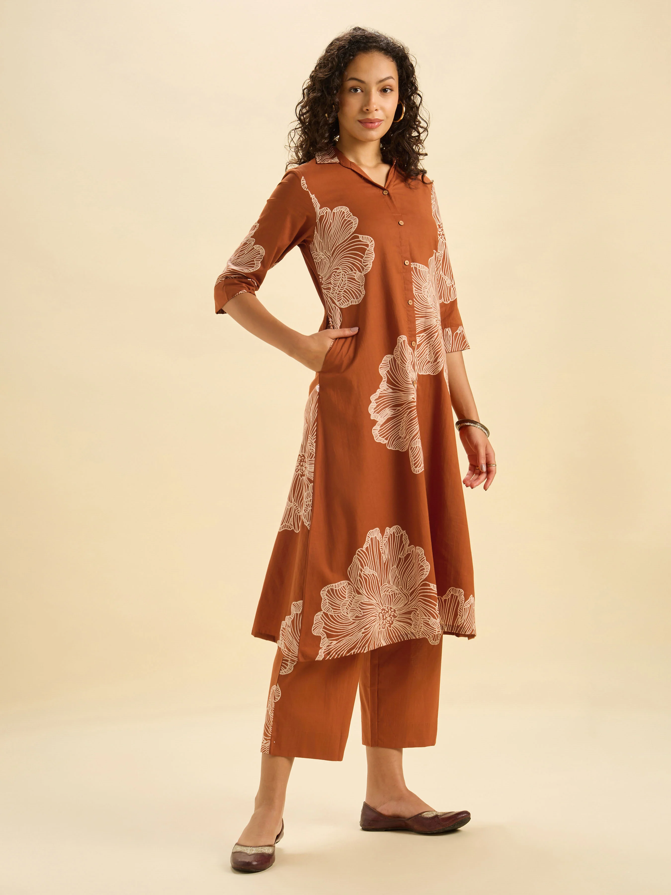 Rust Orange Pure Cotton Printed Flared Kurti Set - Image 6