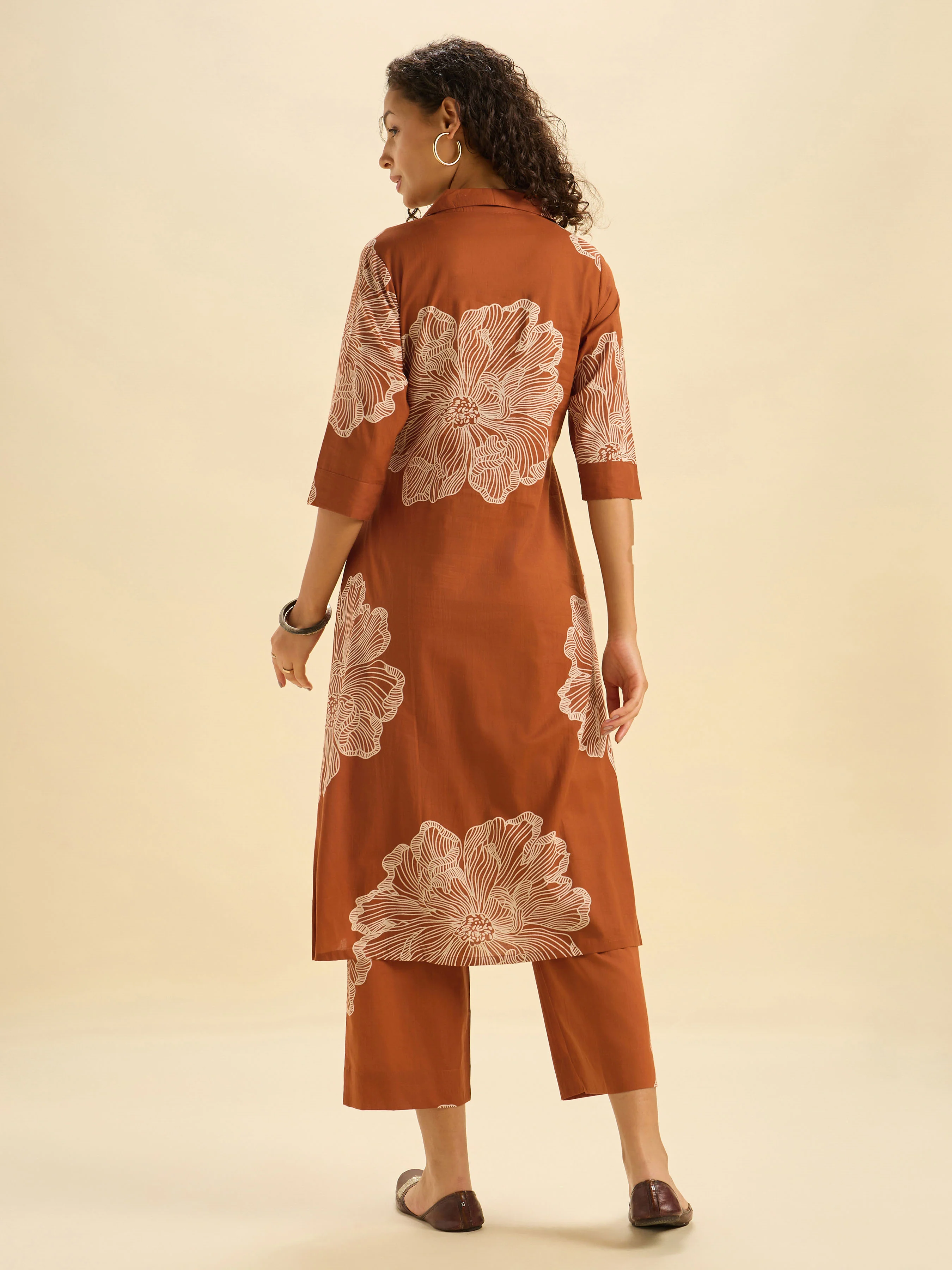 Rust Orange Pure Cotton Printed Flared Kurti Set - Image 7