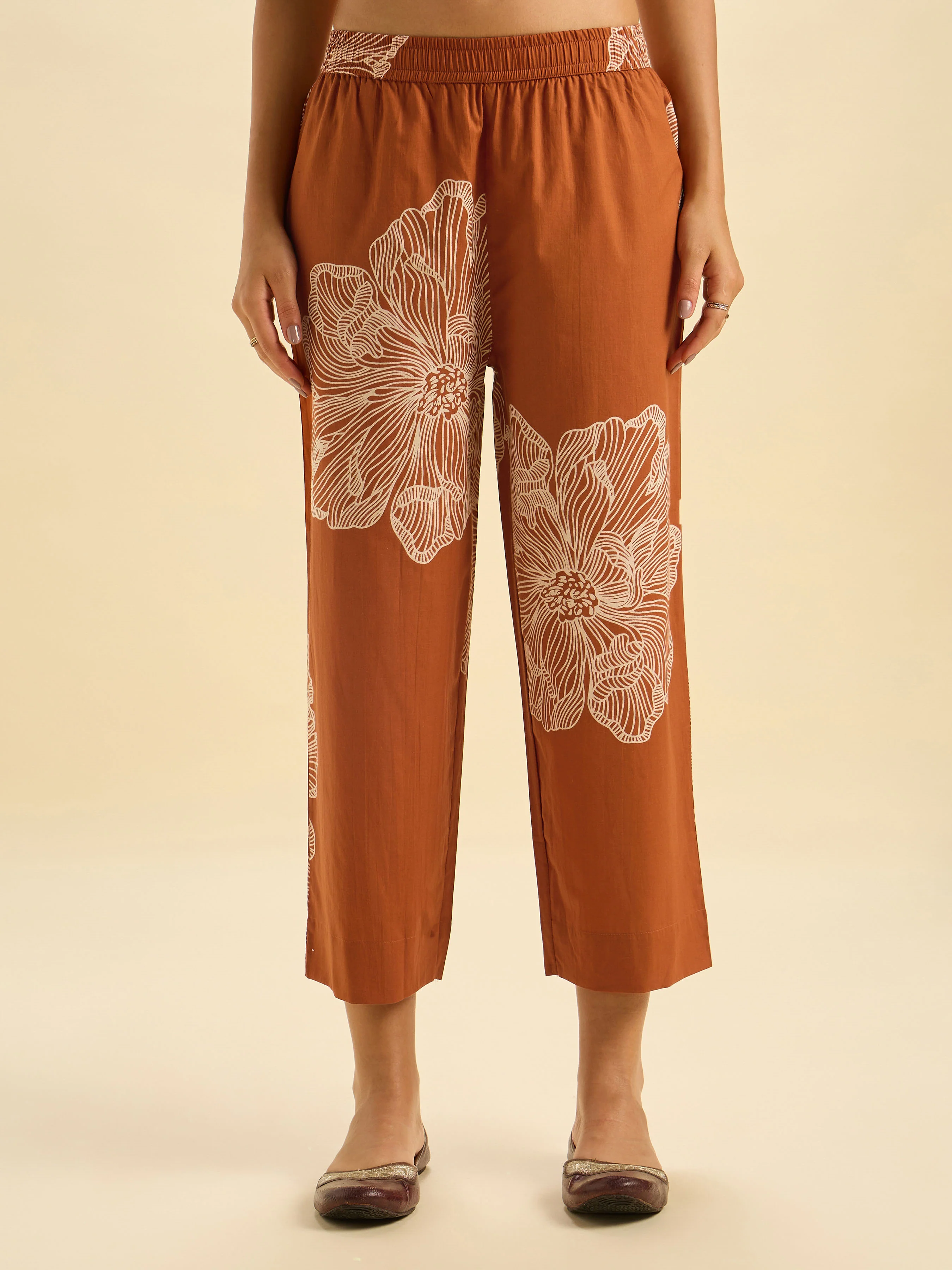 Rust Orange Pure Cotton Printed Flared Kurti Set - Image 8