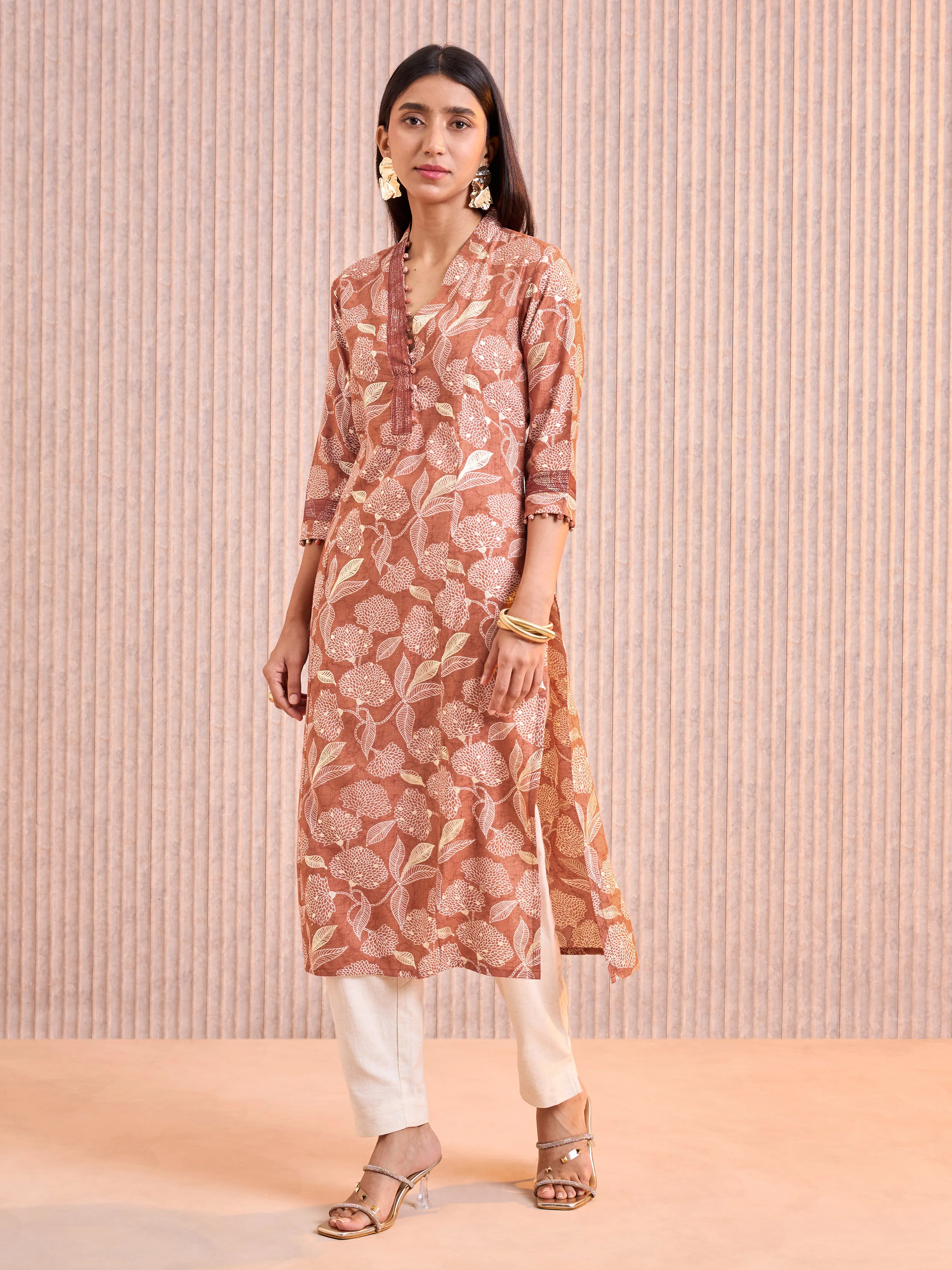 Rust Orange Viscose Blend Slitted Princess Cut Kurti With Embroidery Work - Image 4