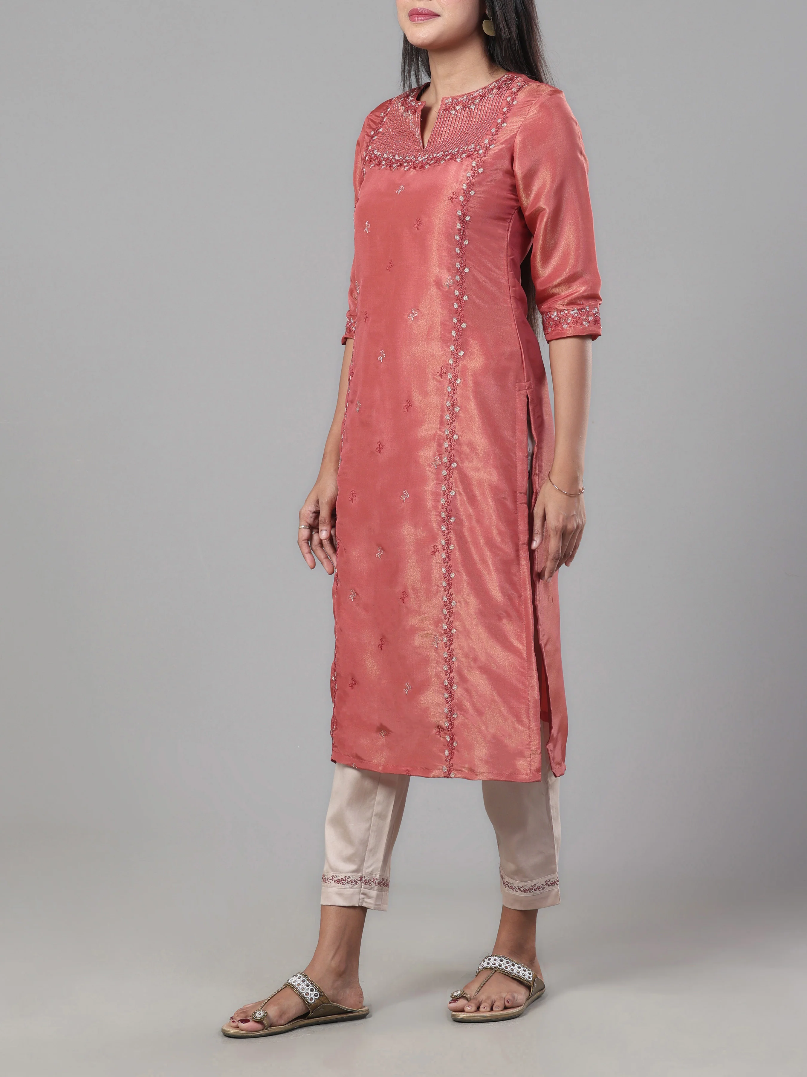 Rust Orange Viscose Shimmer Kurti With Sequins Work And Matching Bottom - Image 3
