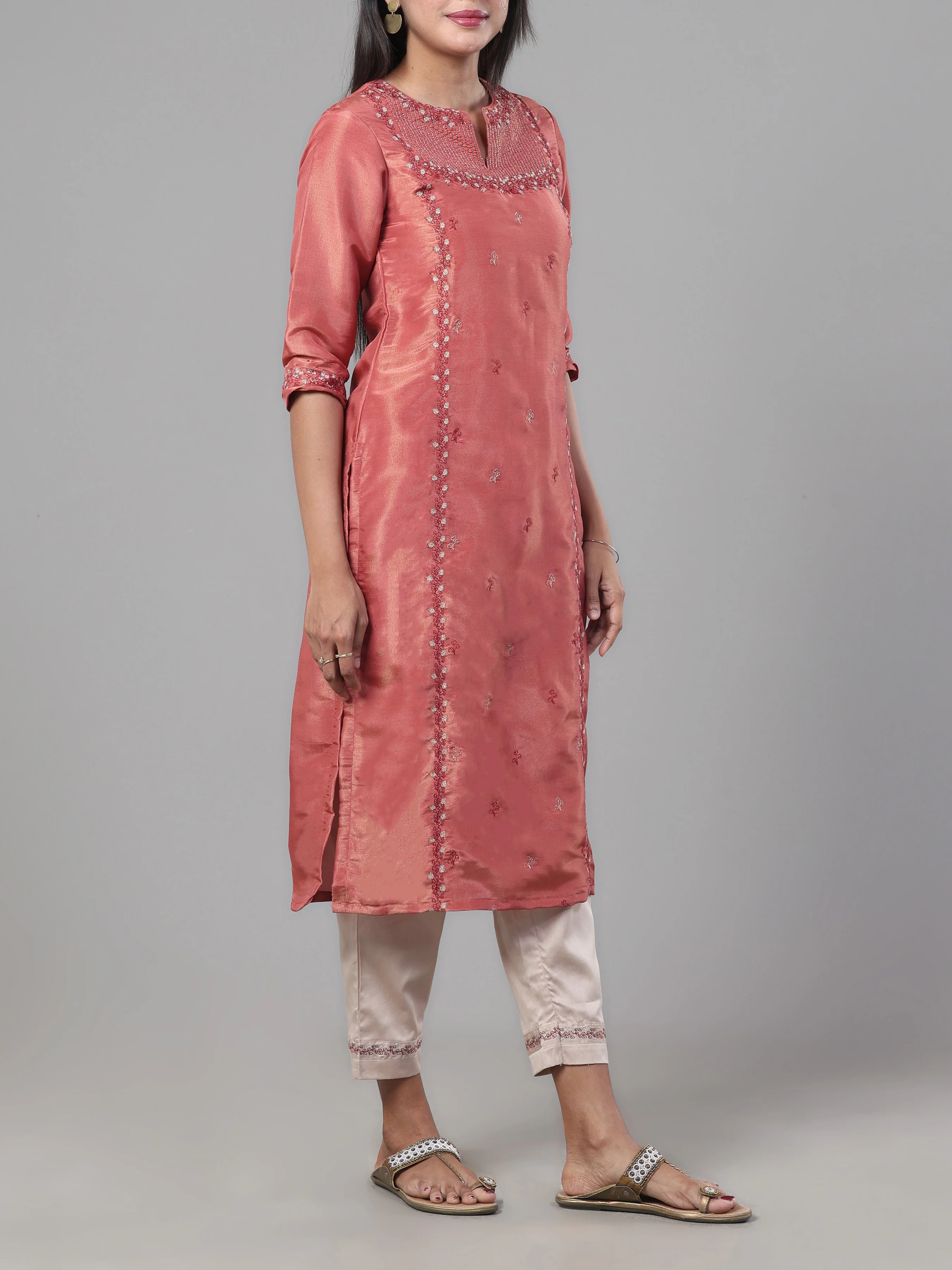 Rust Orange Viscose Shimmer Kurti With Sequins Work And Matching Bottom - Image 4