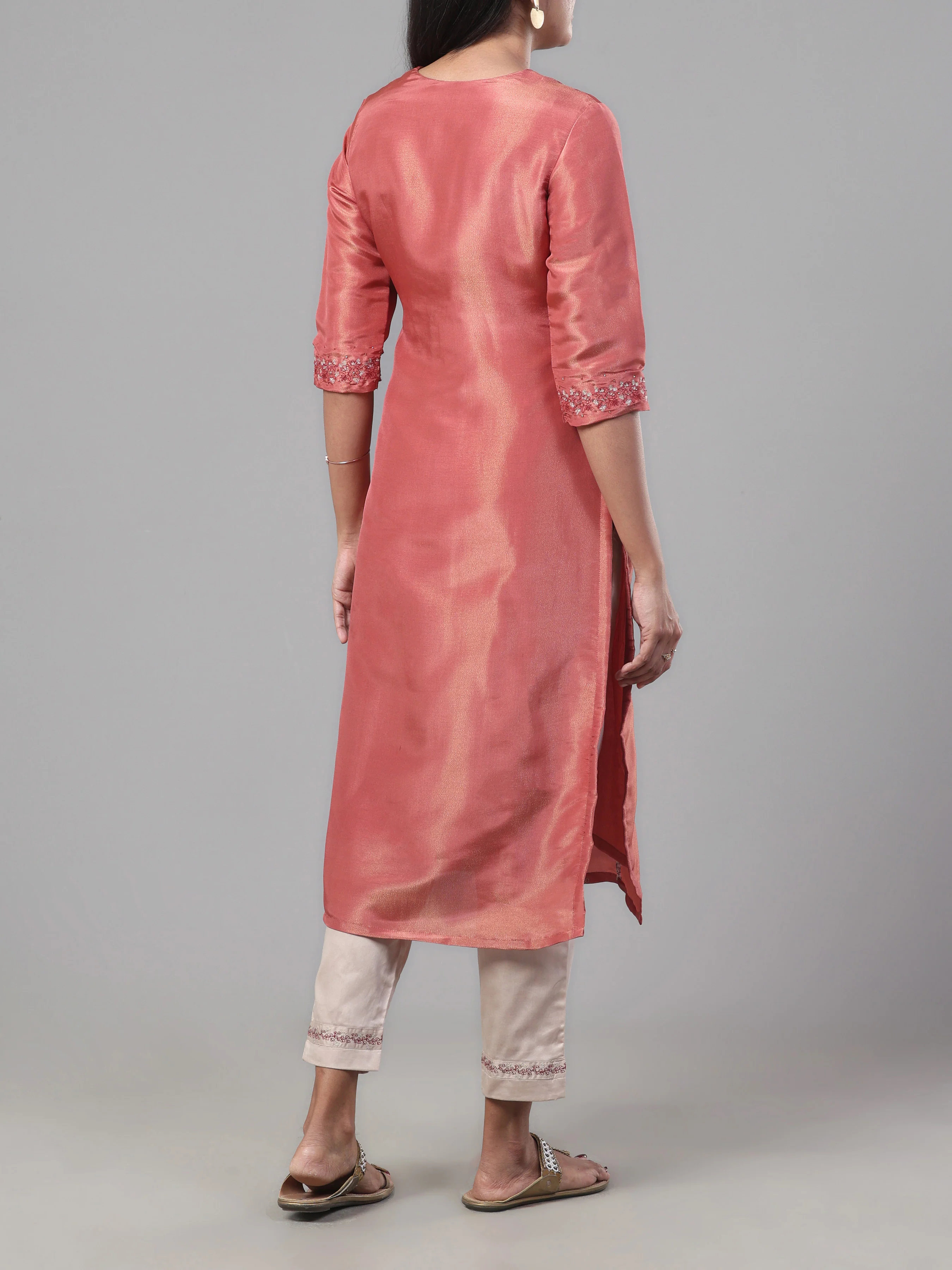 Rust Orange Viscose Shimmer Kurti With Sequins Work And Matching Bottom - Image 5