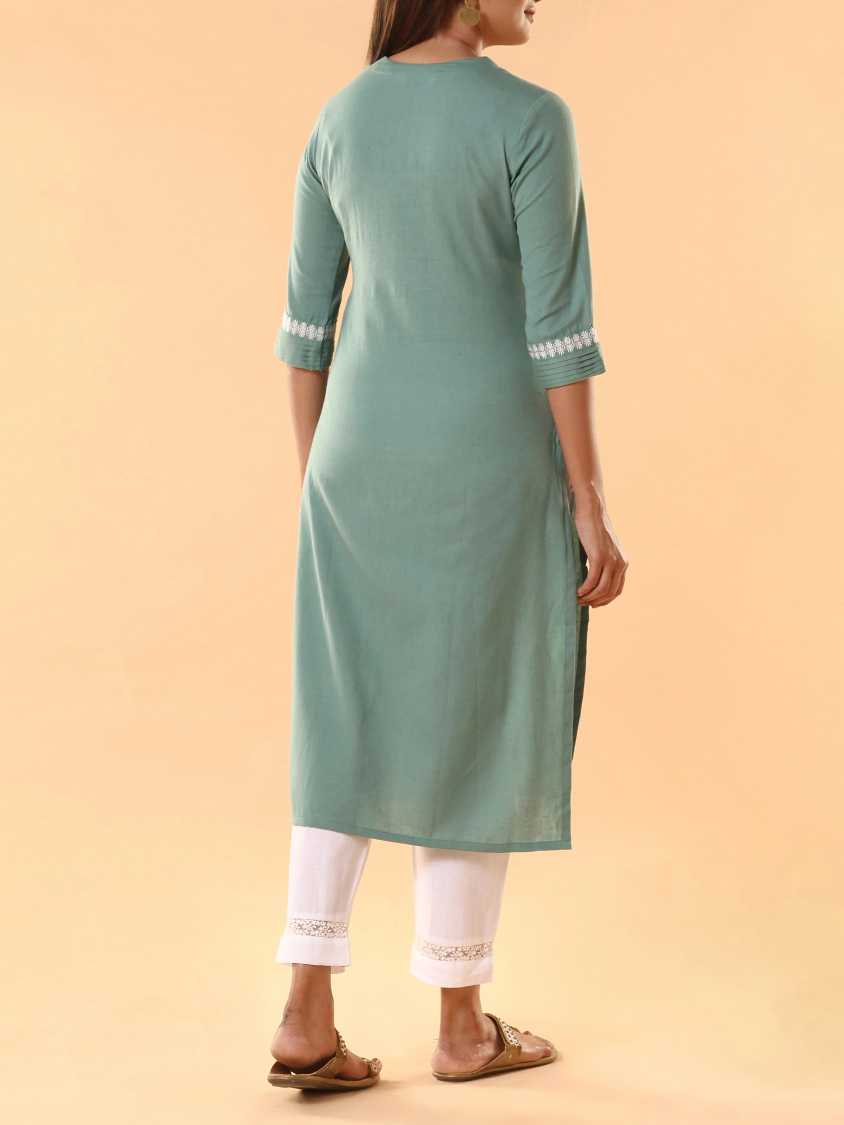 Sage Green Cotton Flax Plain Kurti With Embroidery - Image 5
