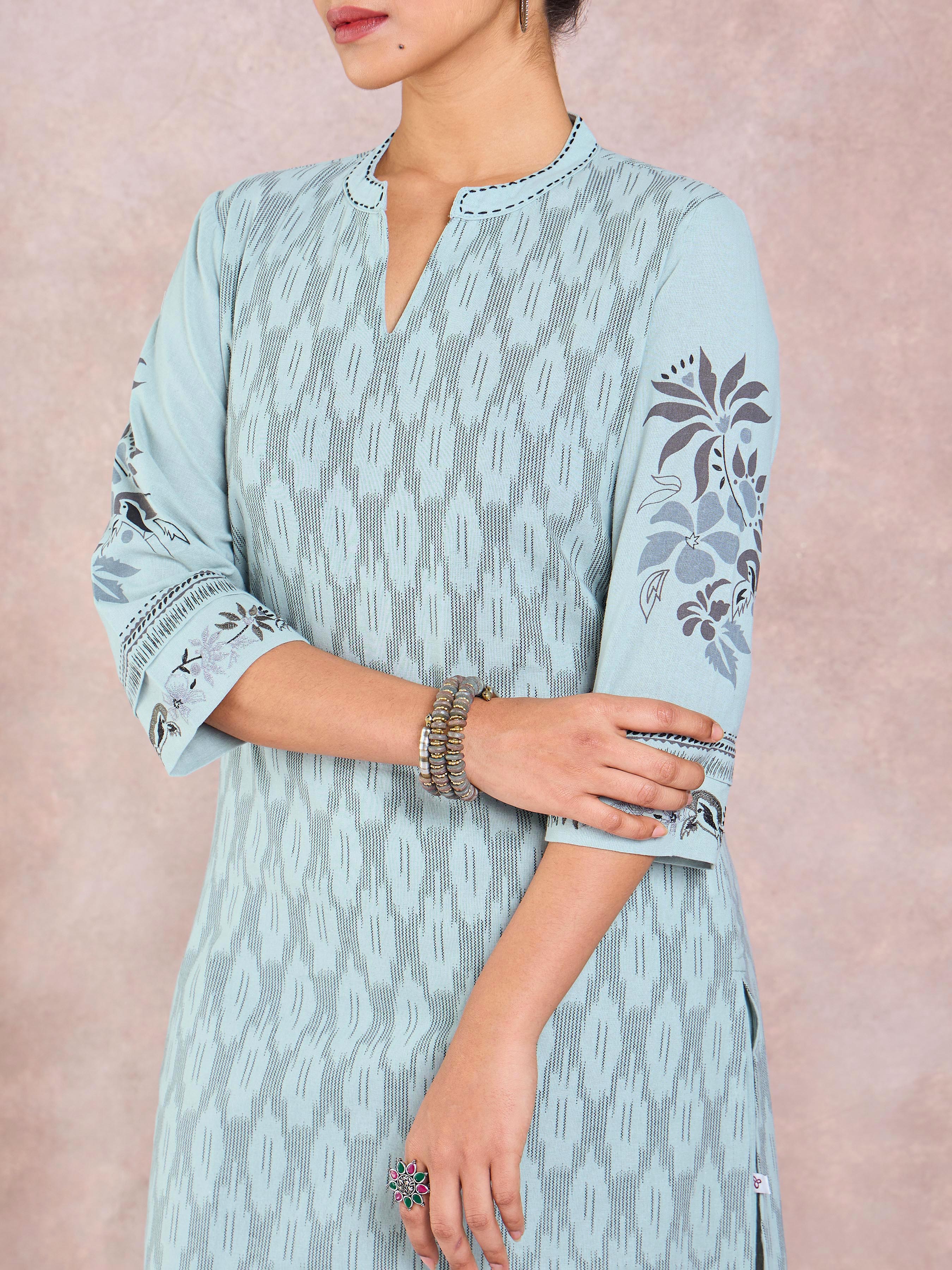 Sage Green Cotton Flax Printed Kurti Set With Embroidery - Image 2