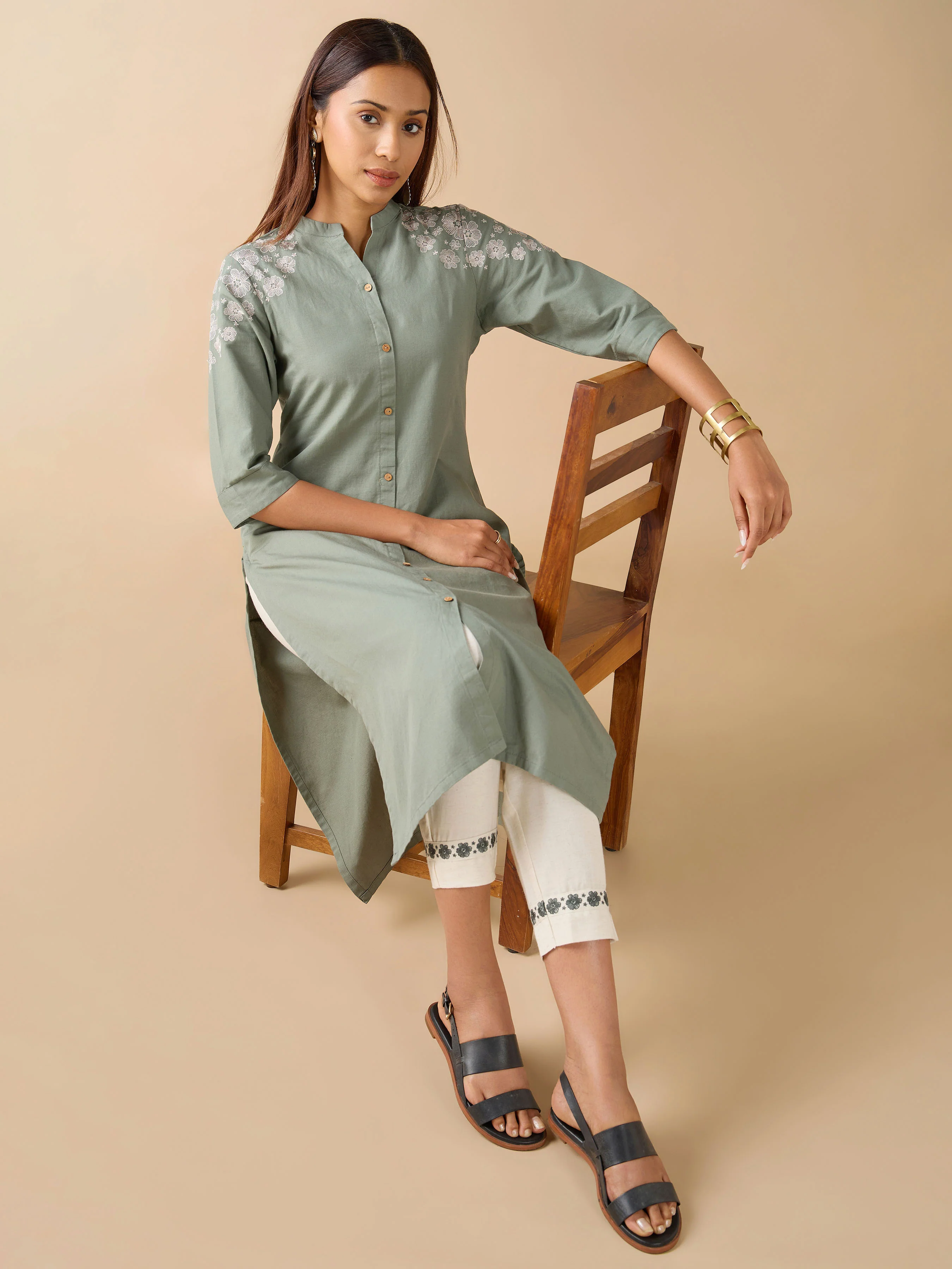 Sage Green  Cotton Linen Plain Kurti With Embroidery And Matching Bottom - Image 3