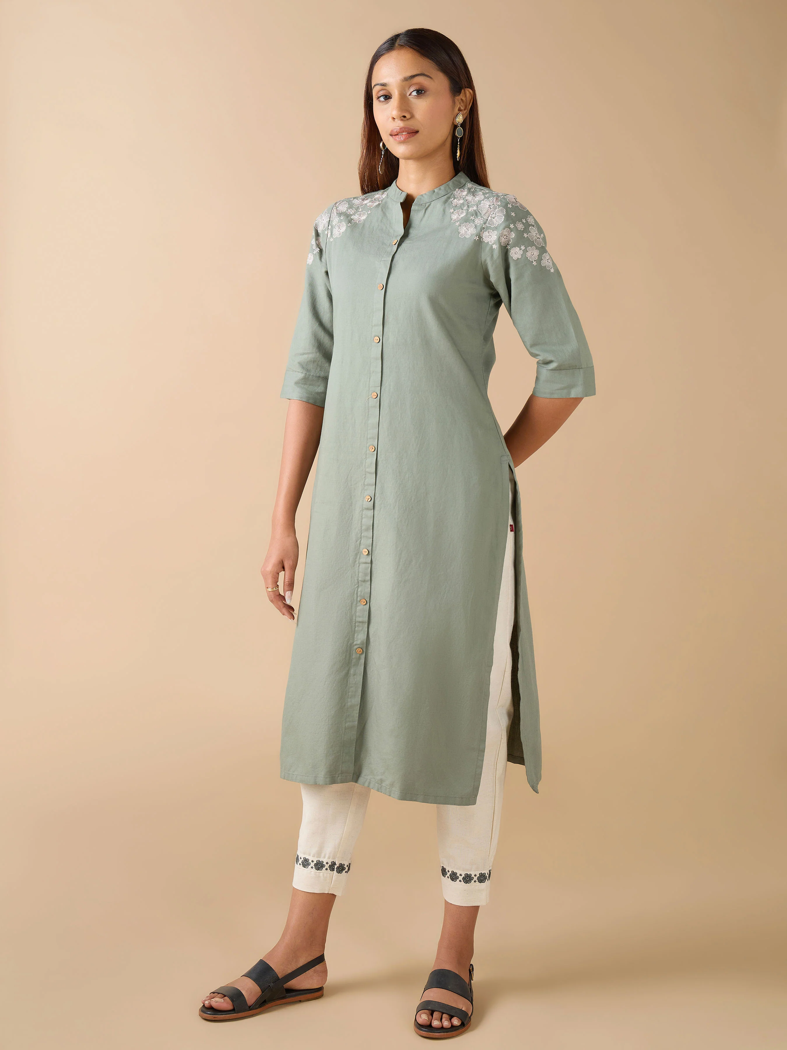 Sage Green  Cotton Linen Plain Kurti With Embroidery And Matching Bottom - Image 4