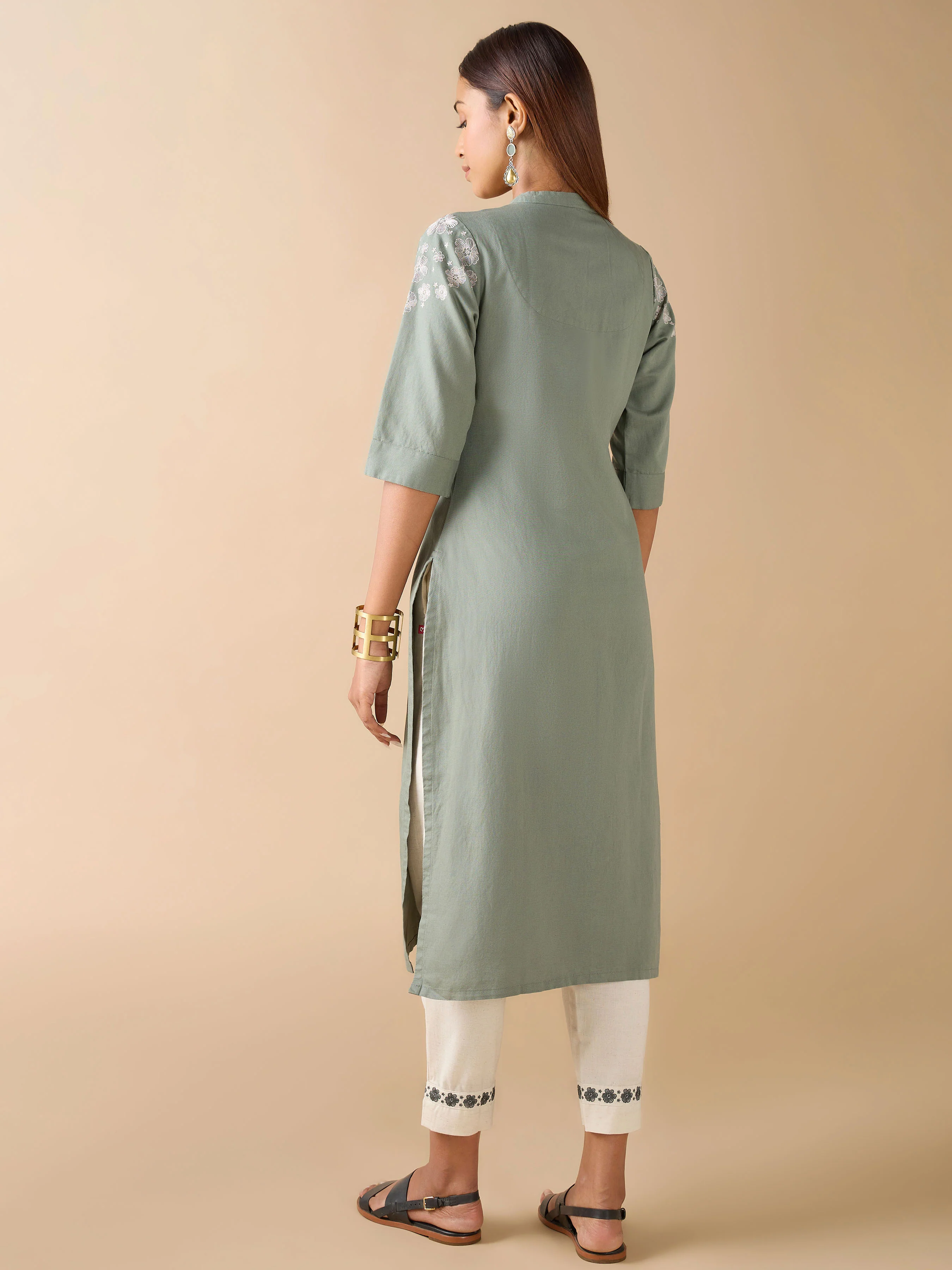 Sage Green  Cotton Linen Plain Kurti With Embroidery And Matching Bottom - Image 5